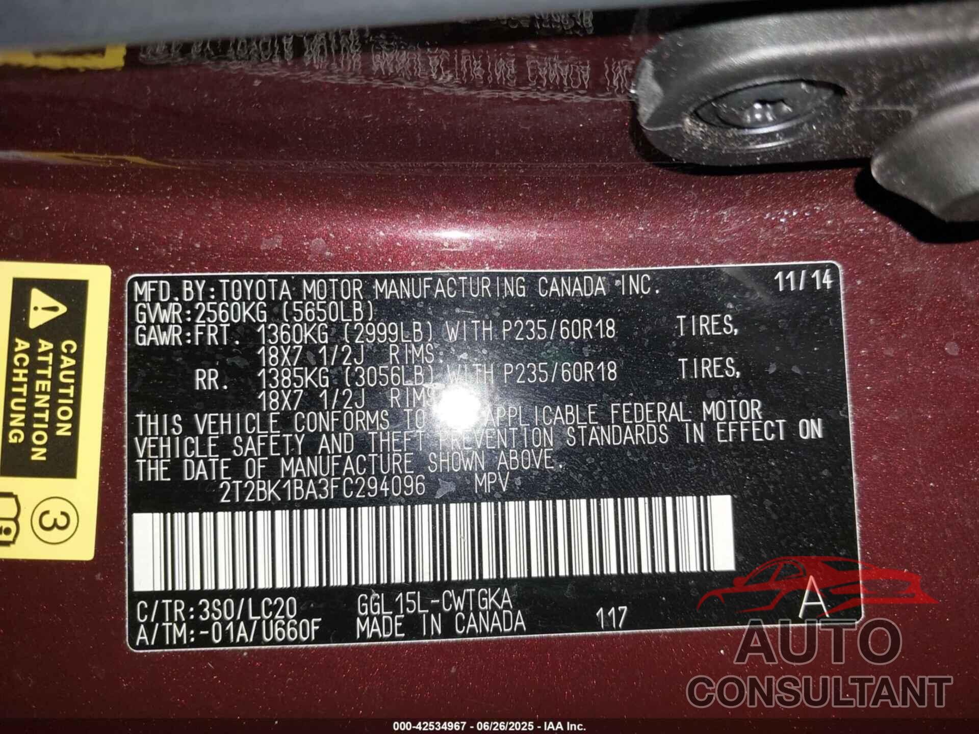 LEXUS RX 350 2015 - 2T2BK1BA3FC294096