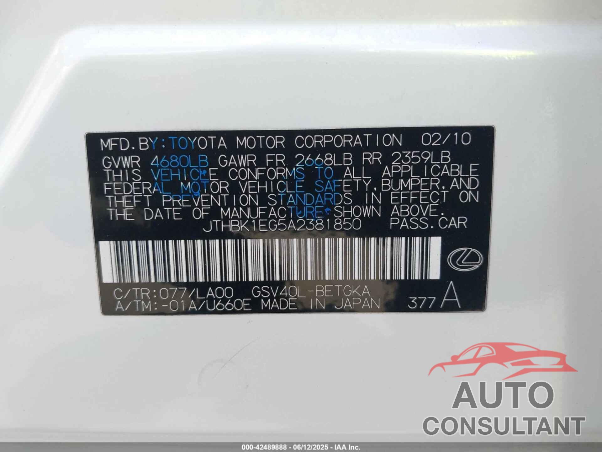 LEXUS ES 350 2010 - JTHBK1EG5A2381850