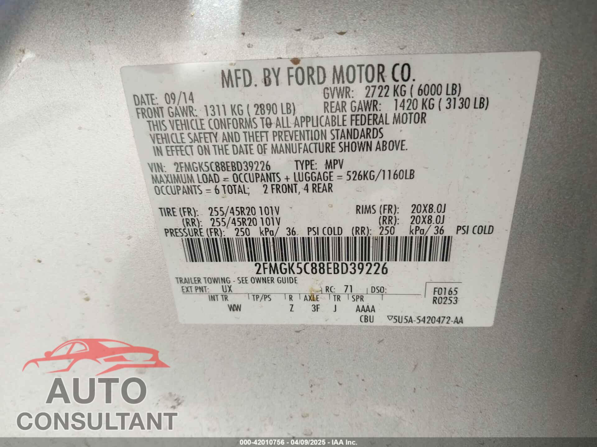 FORD FLEX 2014 - 2FMGK5C88EBD39226