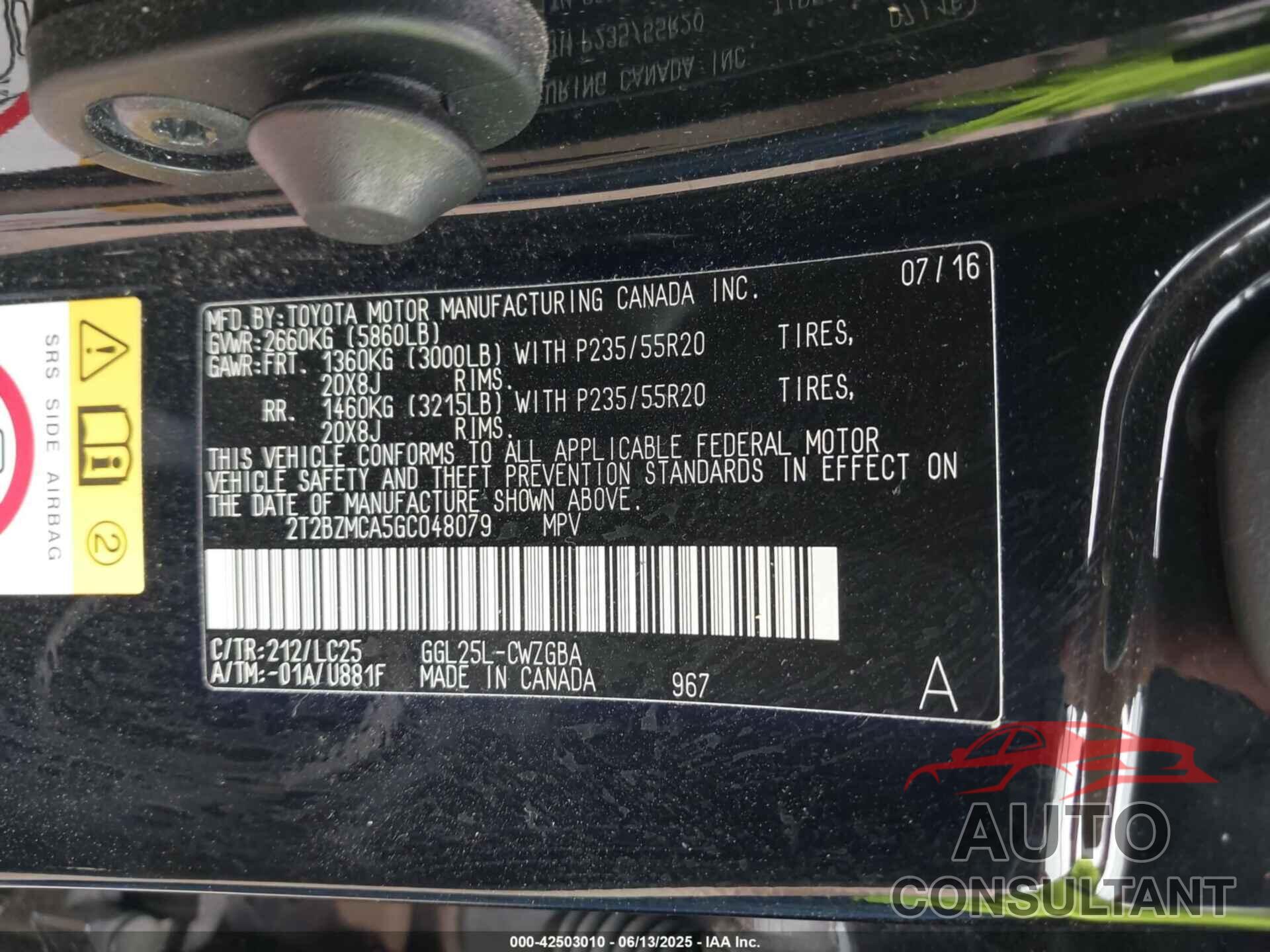 LEXUS RX 350 2016 - 2T2BZMCA5GC048079