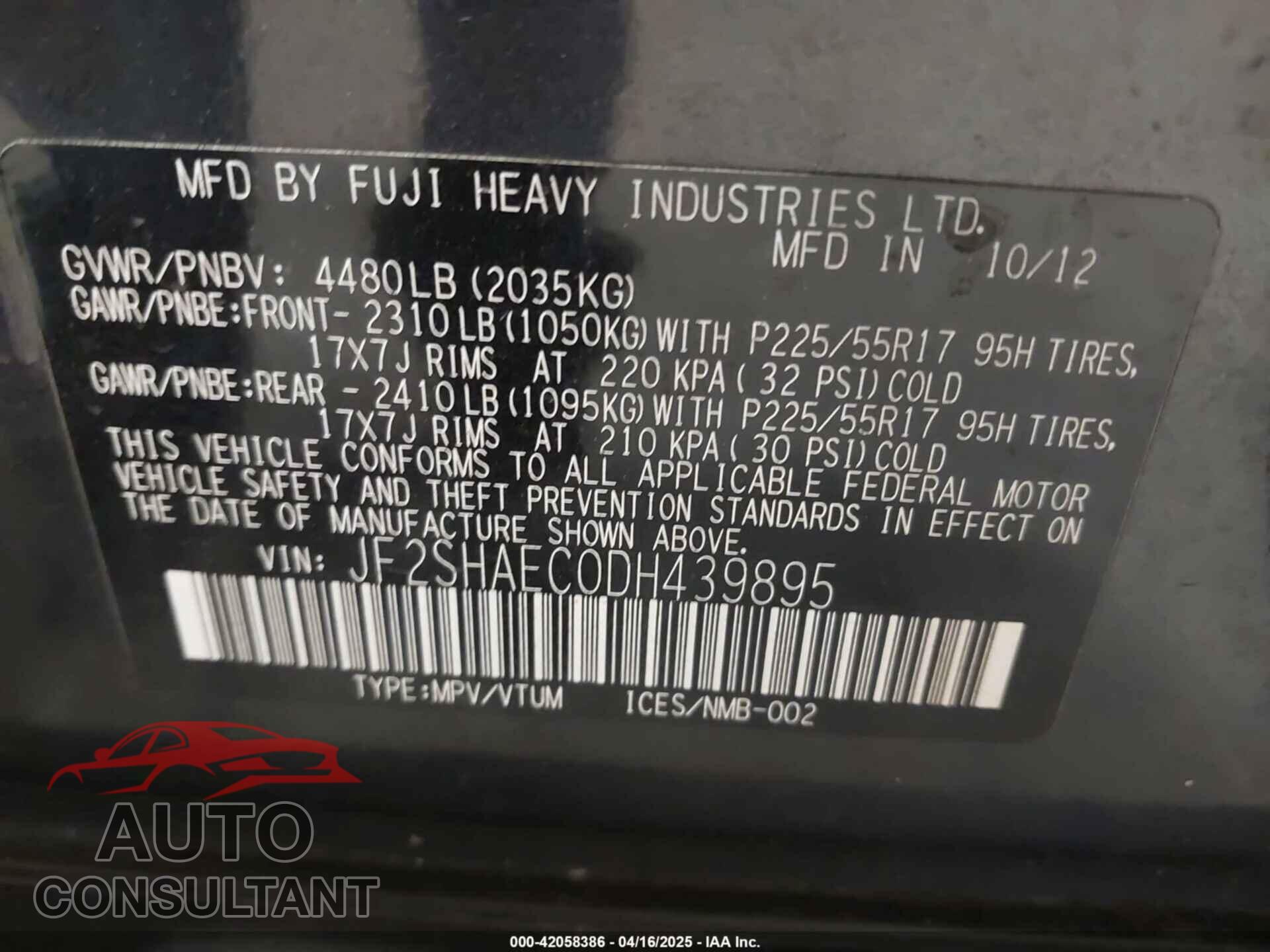 SUBARU FORESTER 2013 - JF2SHAEC0DH439895