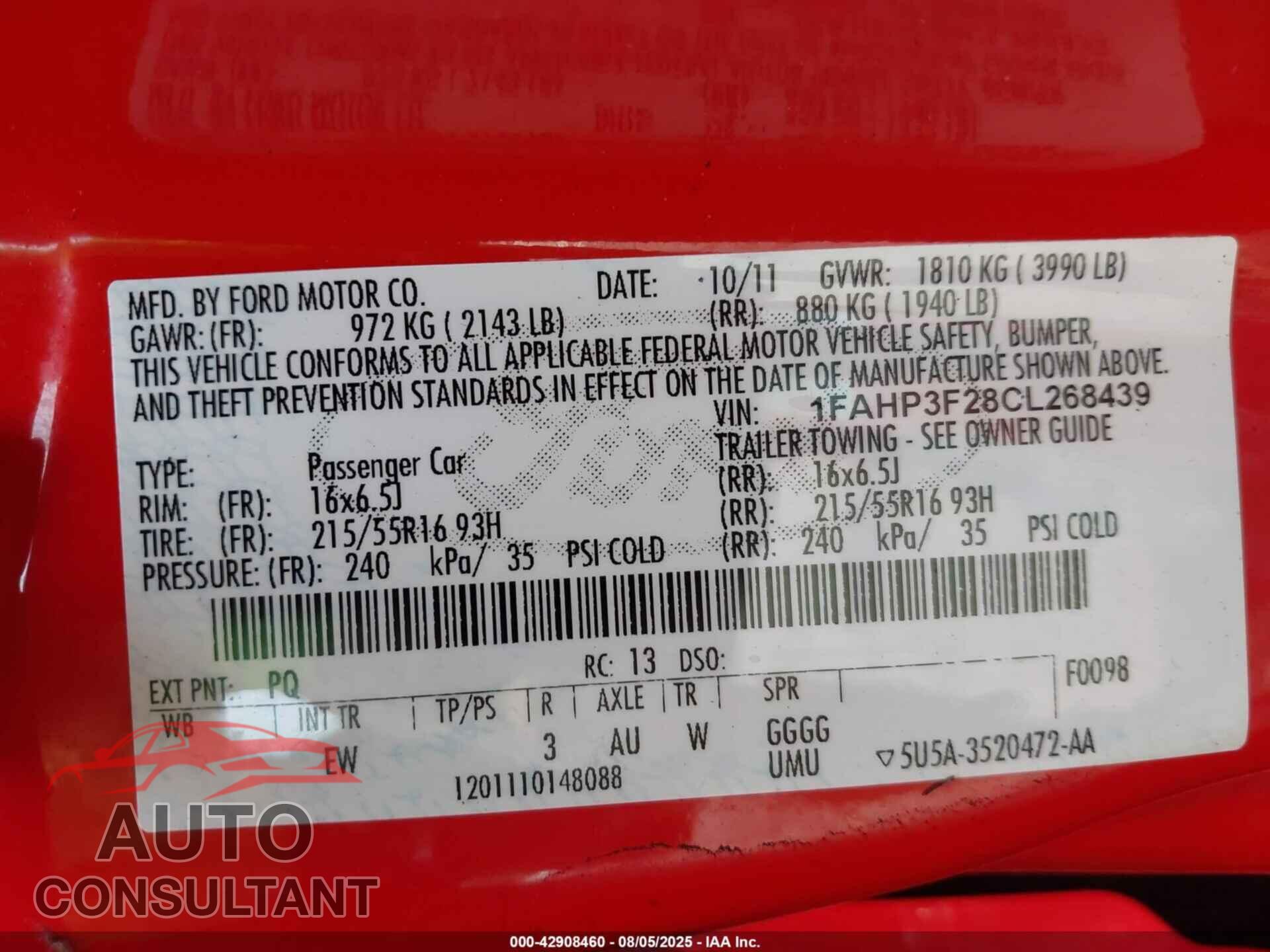 FORD FOCUS 2012 - 1FAHP3F28CL268439