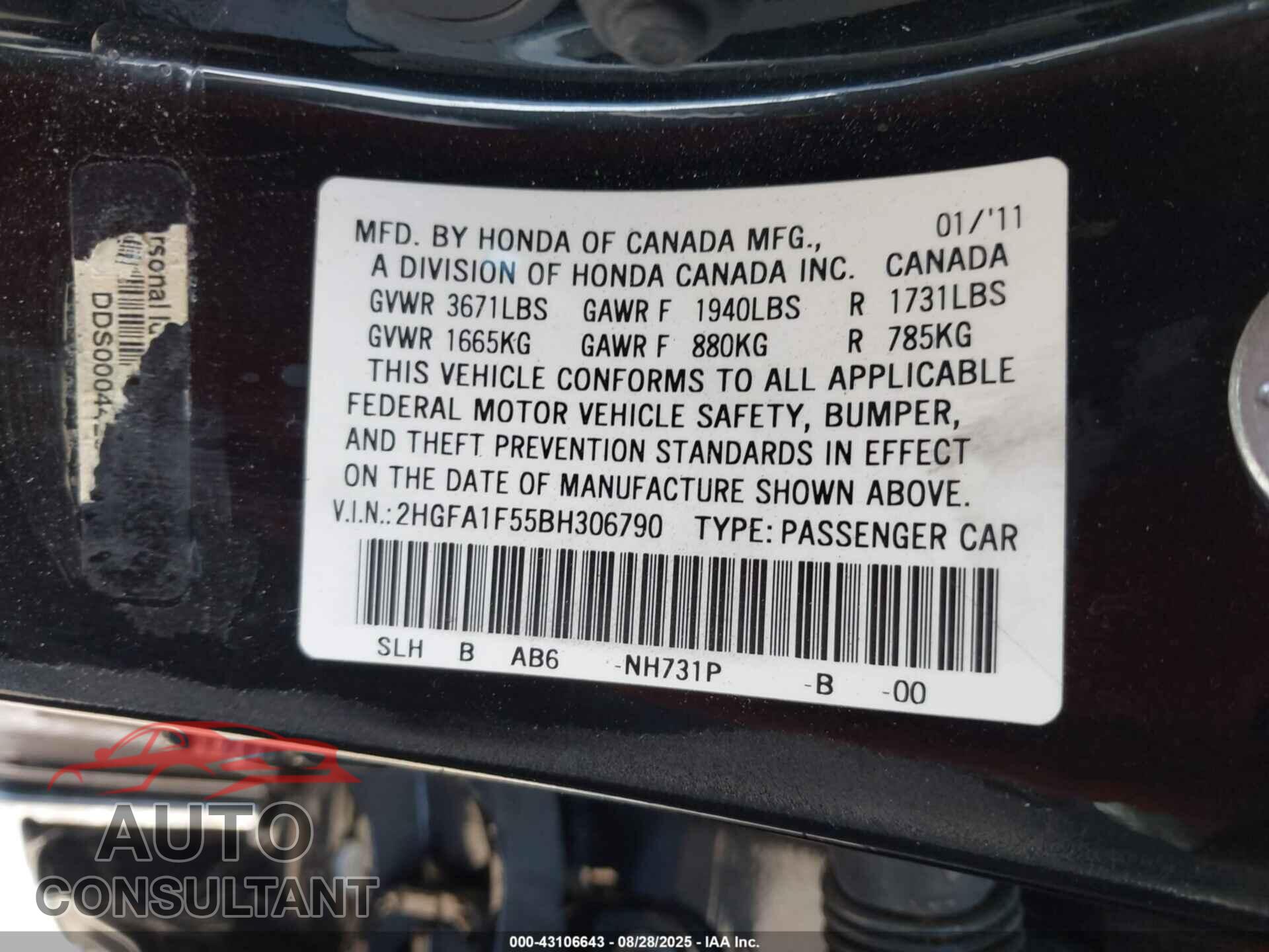 HONDA CIVIC 2011 - 2HGFA1F55BH306790