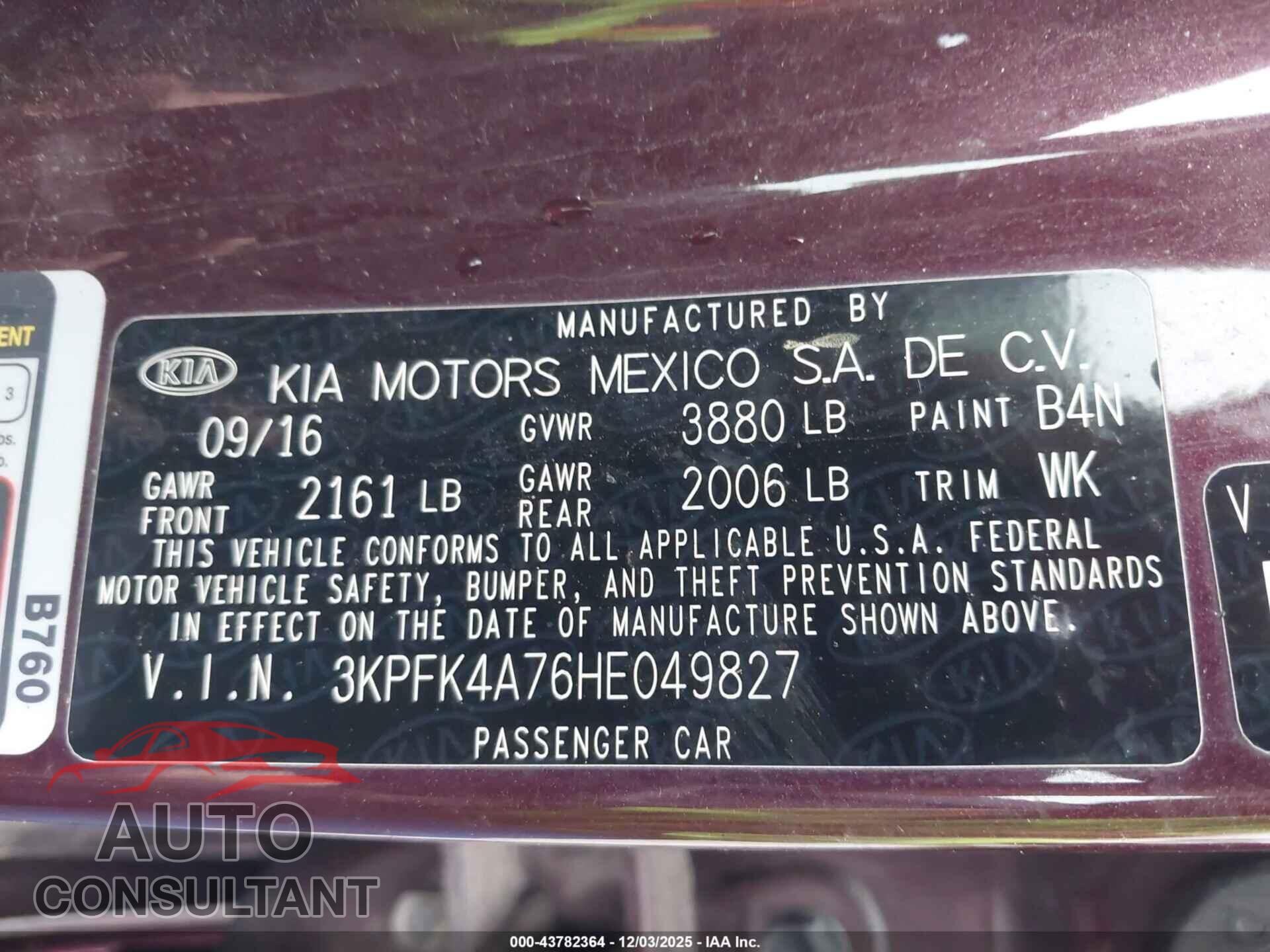 KIA FORTE 2017 - 3KPFK4A76HE049827