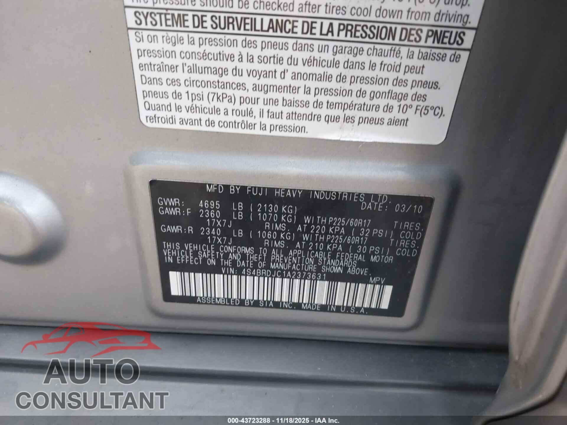 SUBARU OUTBACK 2010 - 4S4BRDJC1A2373631