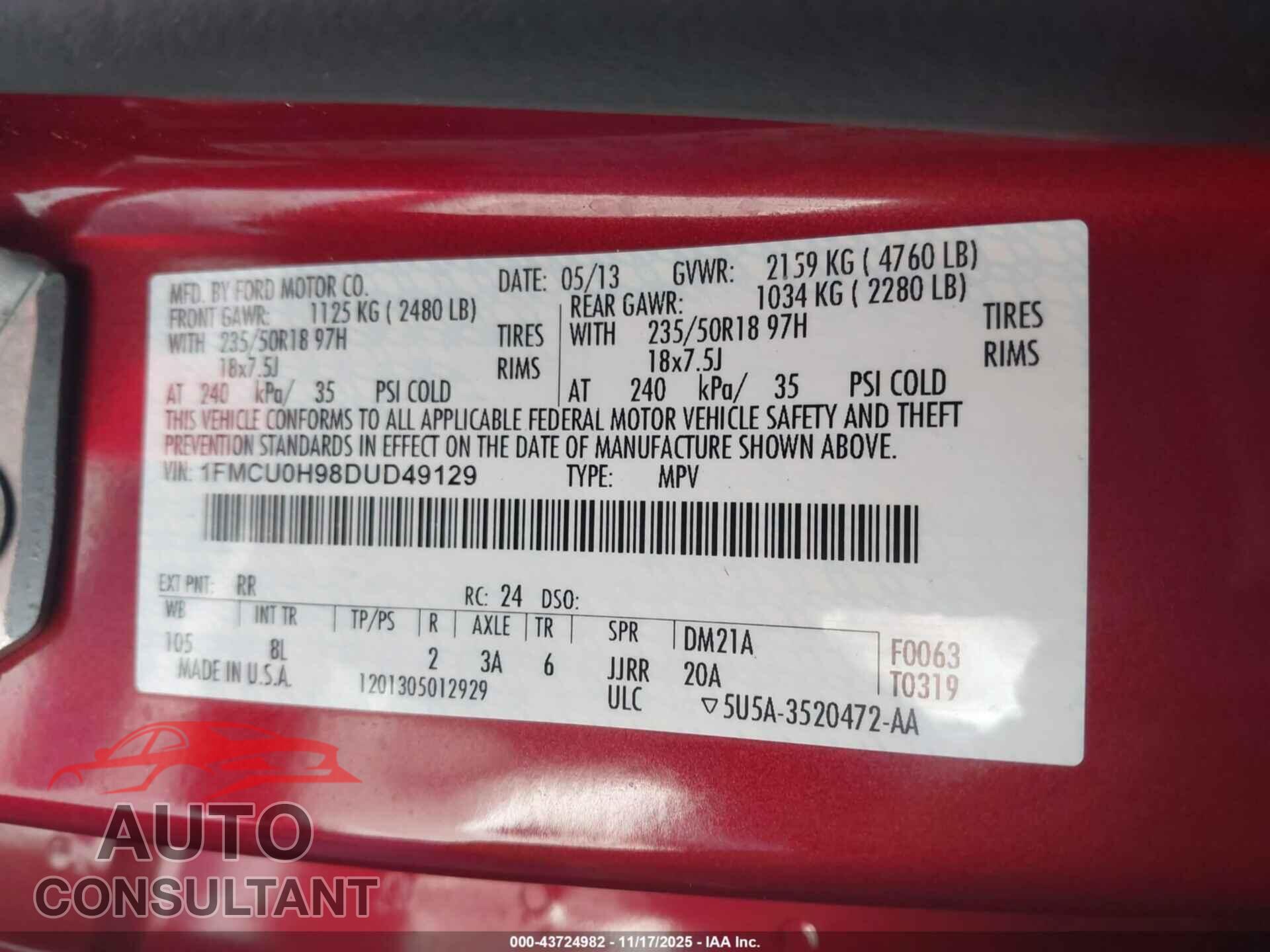 FORD ESCAPE 2013 - 1FMCU0H98DUD49129