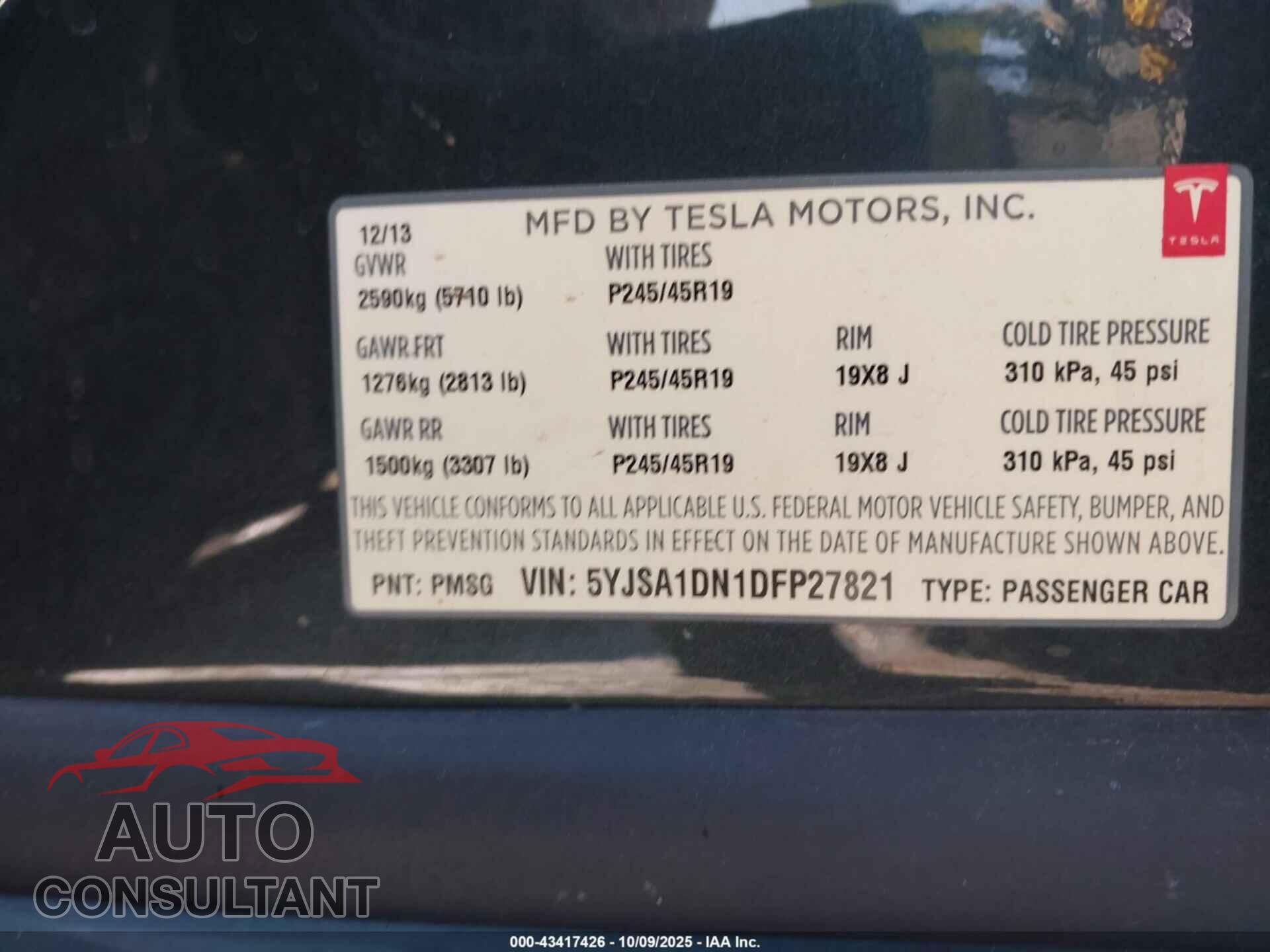 TESLA MODEL S 2013 - 5YJSA1DN1DFP27821