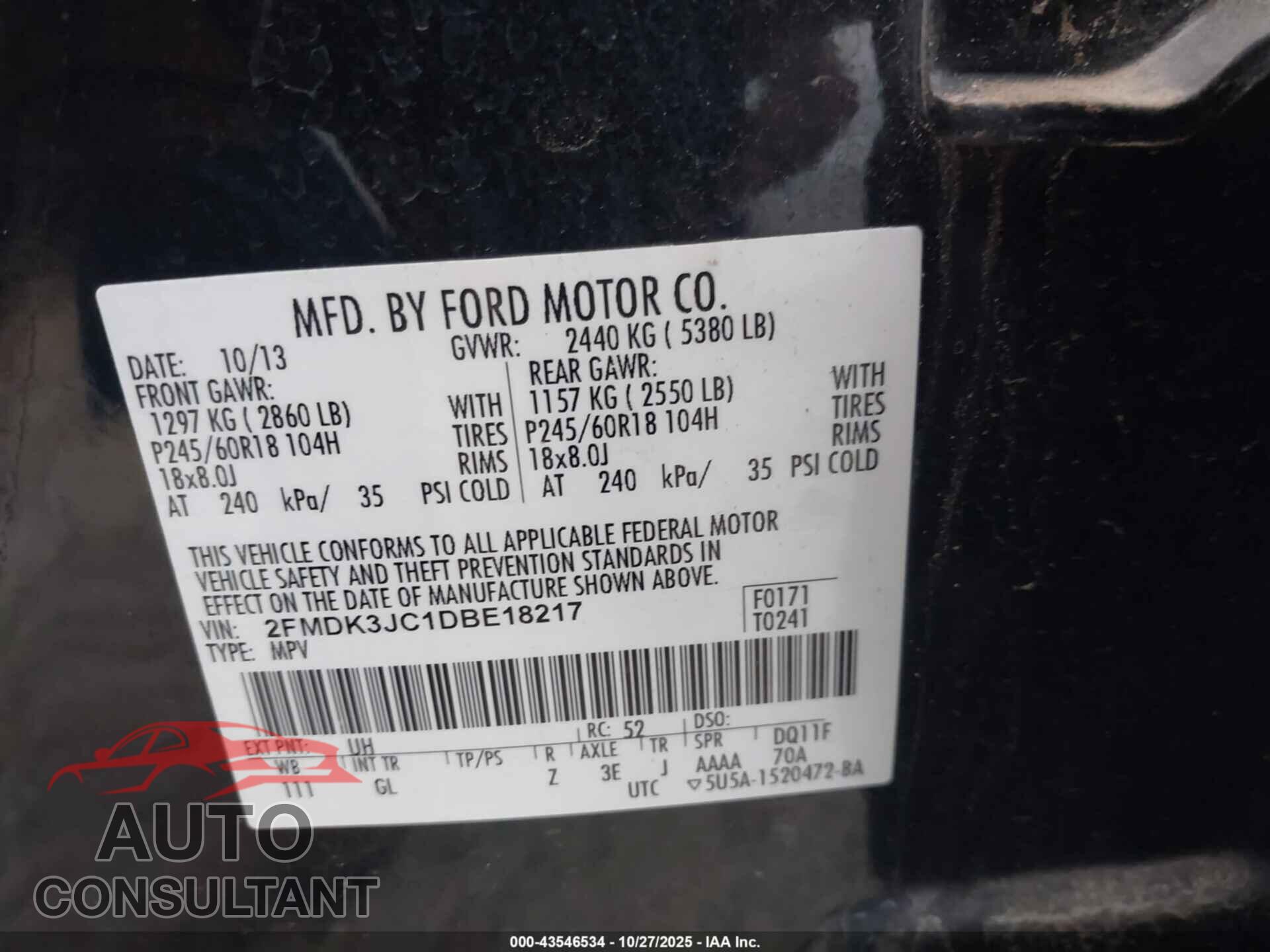FORD EDGE 2013 - 2FMDK3JC1DBE18217