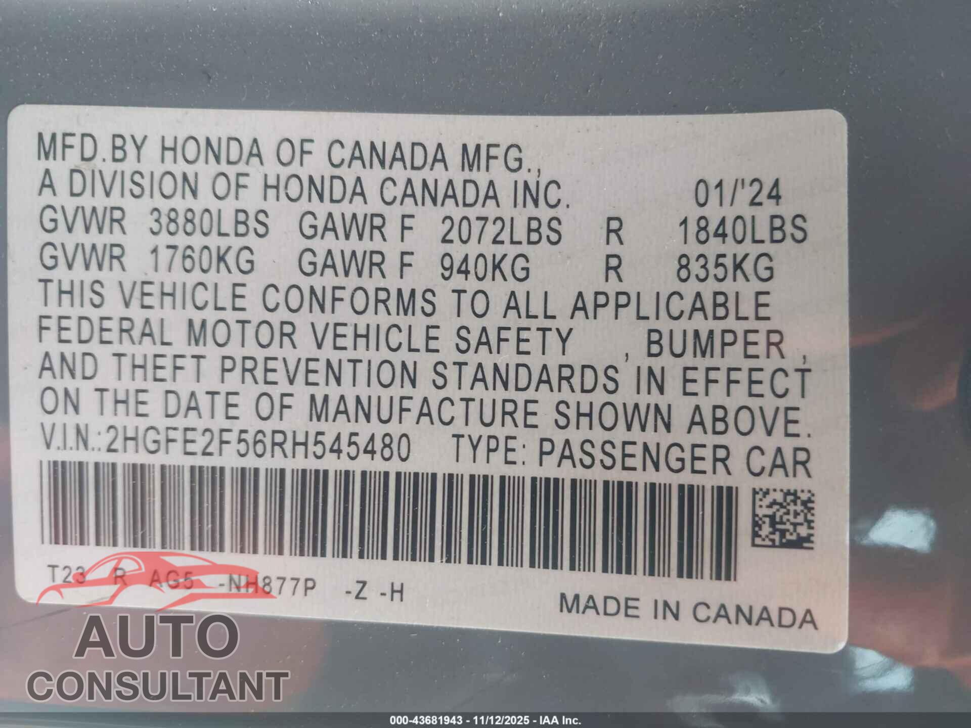 HONDA CIVIC 2024 - 2HGFE2F56RH545480
