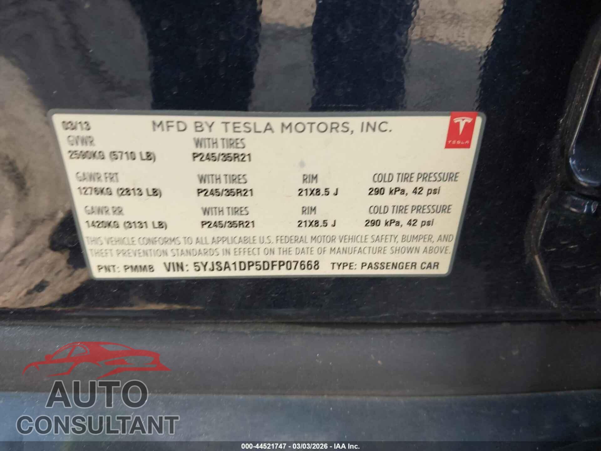 TESLA MODEL S 2013 - 5YJSA1DP5DFP07668