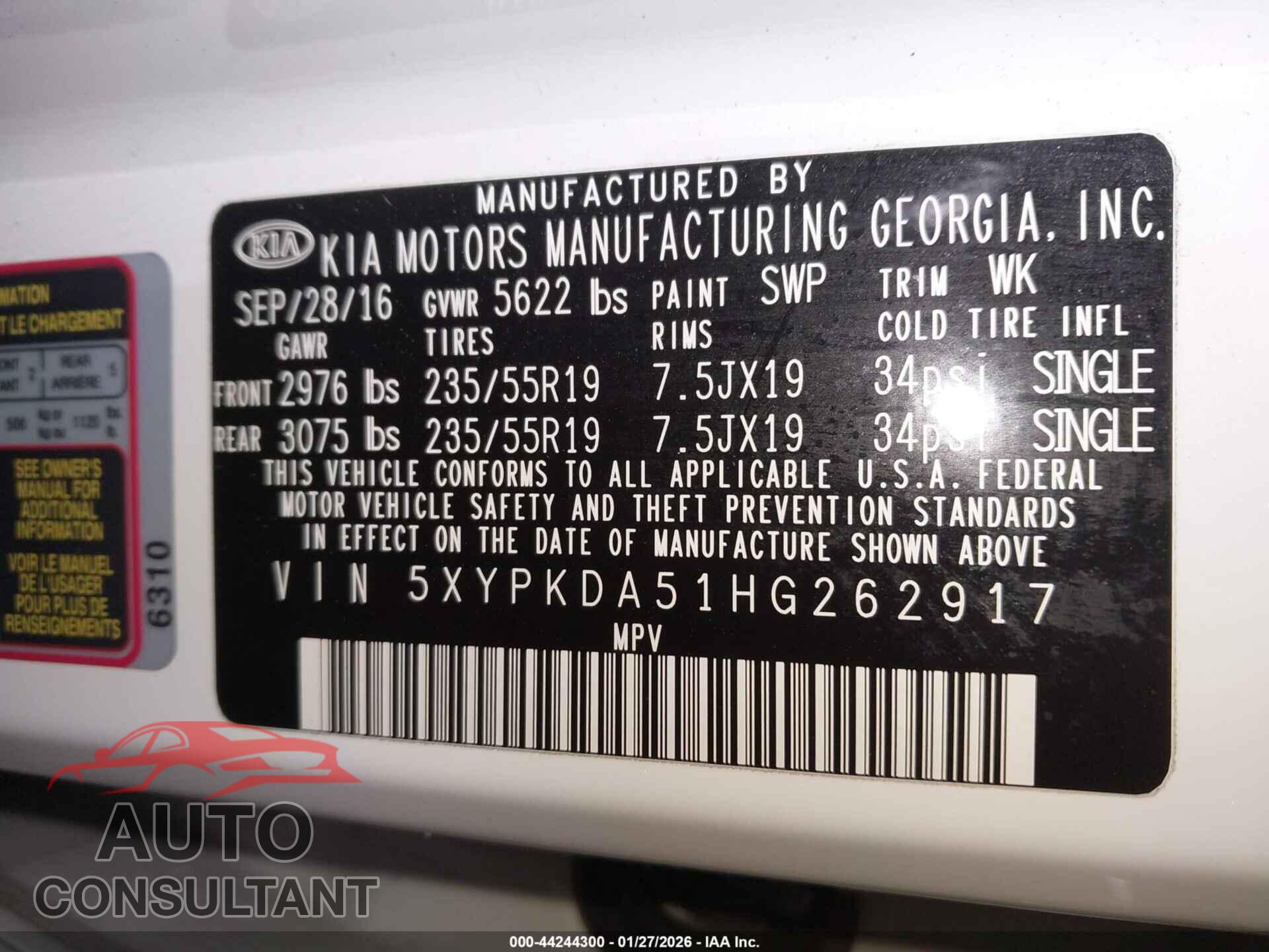 KIA SORENTO 2017 - 5XYPKDA51HG262917