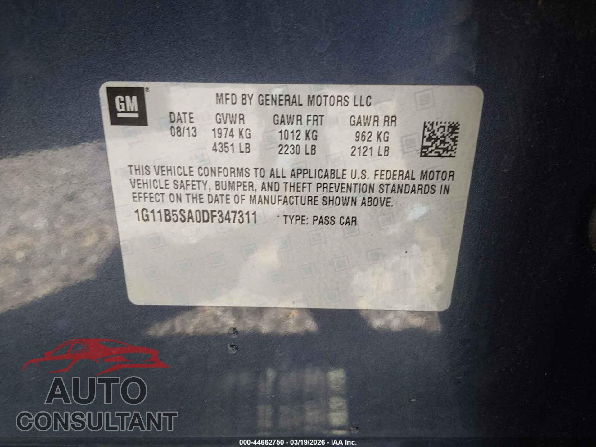 CHEVROLET MALIBU 2013 - 1G11B5SA0DF347311
