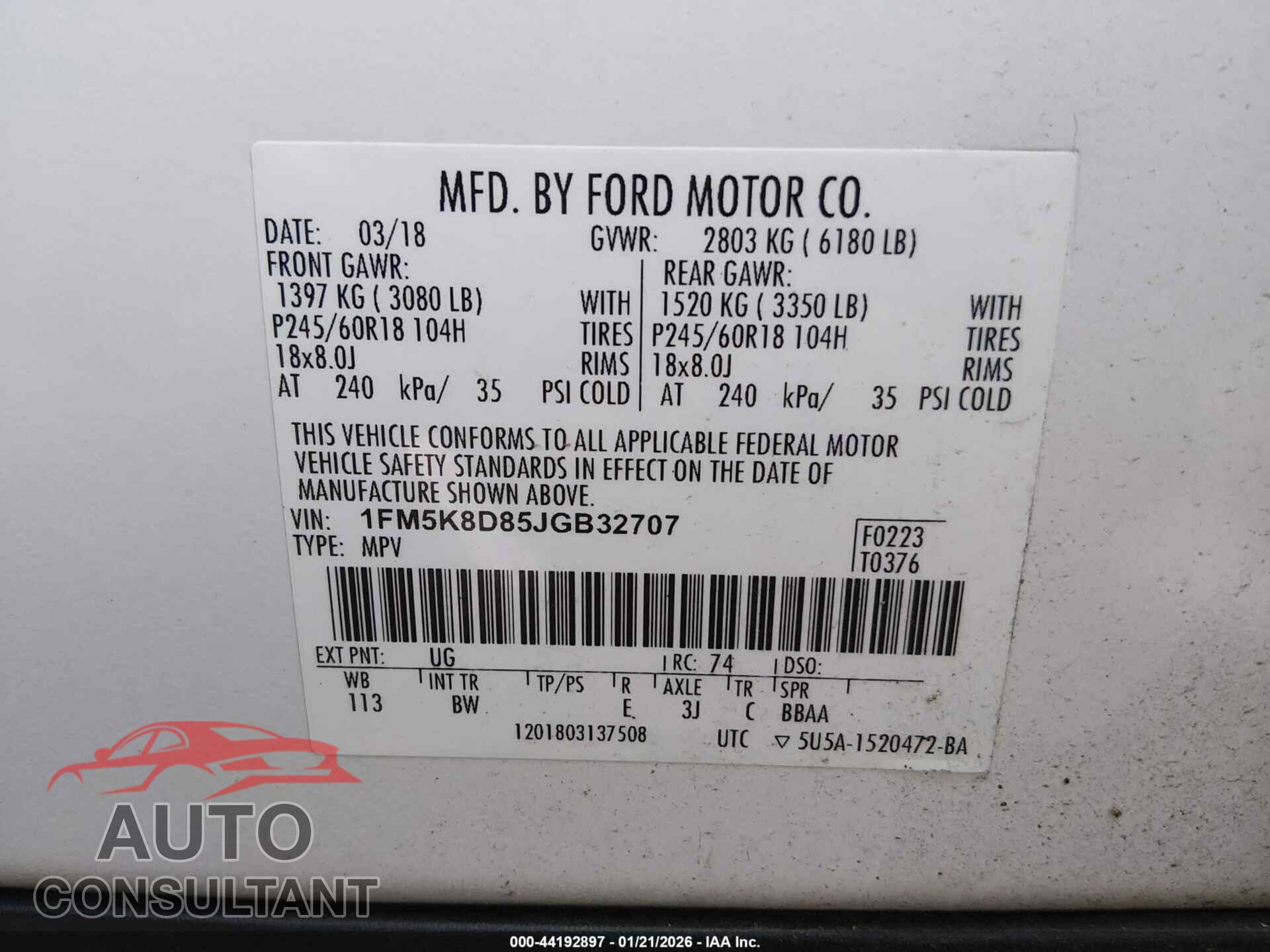 FORD EXPLORER 2018 - 1FM5K8D85JGB32707