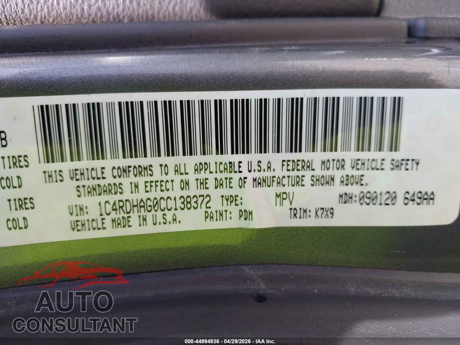 DODGE DURANGO 2012 - 1C4RDHAG0CC138372