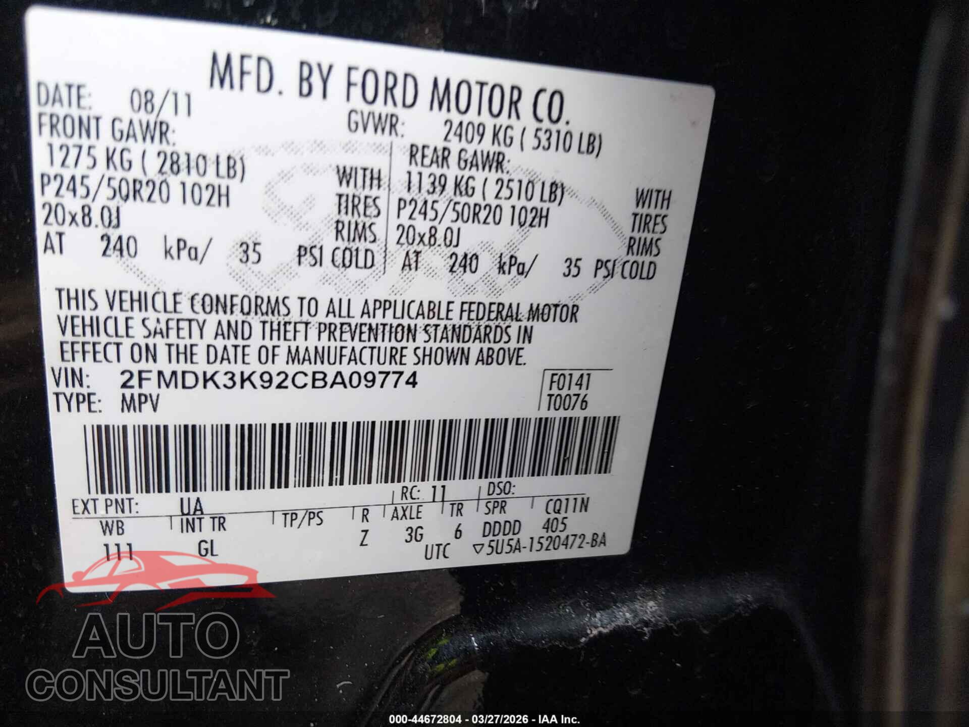 FORD EDGE 2012 - 2FMDK3K92CBA09774