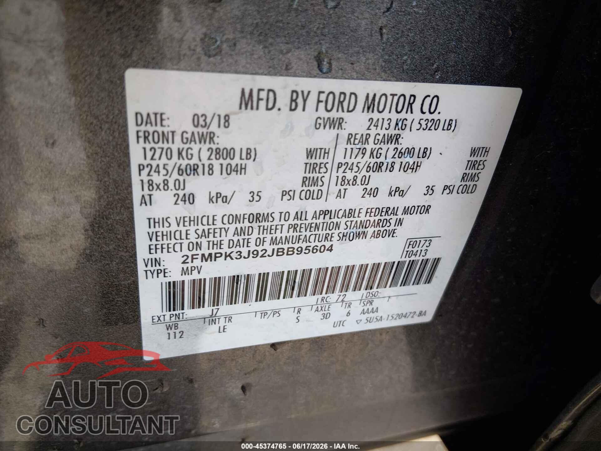 FORD EDGE 2018 - 2FMPK3J92JBB95604