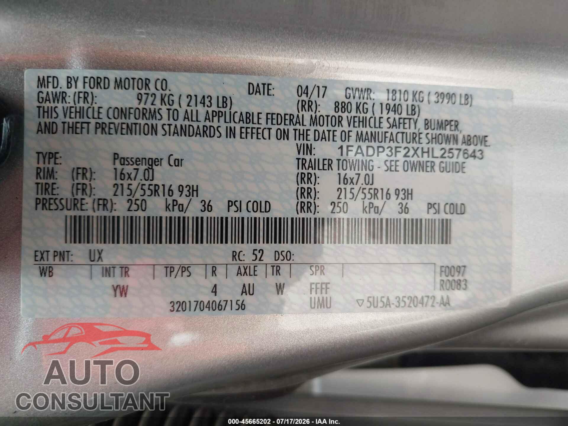 FORD FOCUS 2017 - 1FADP3F2XHL257643
