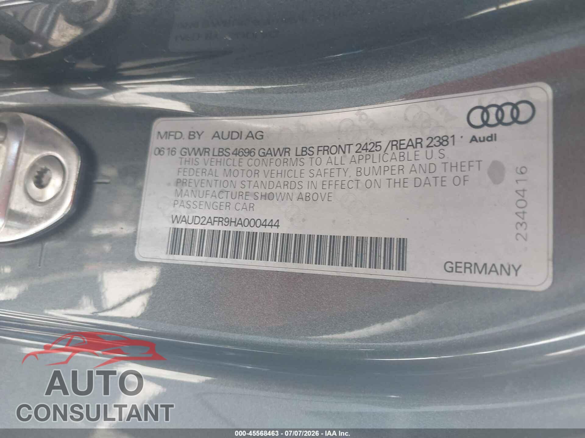 AUDI A5 2017 - WAUD2AFR9HA000444