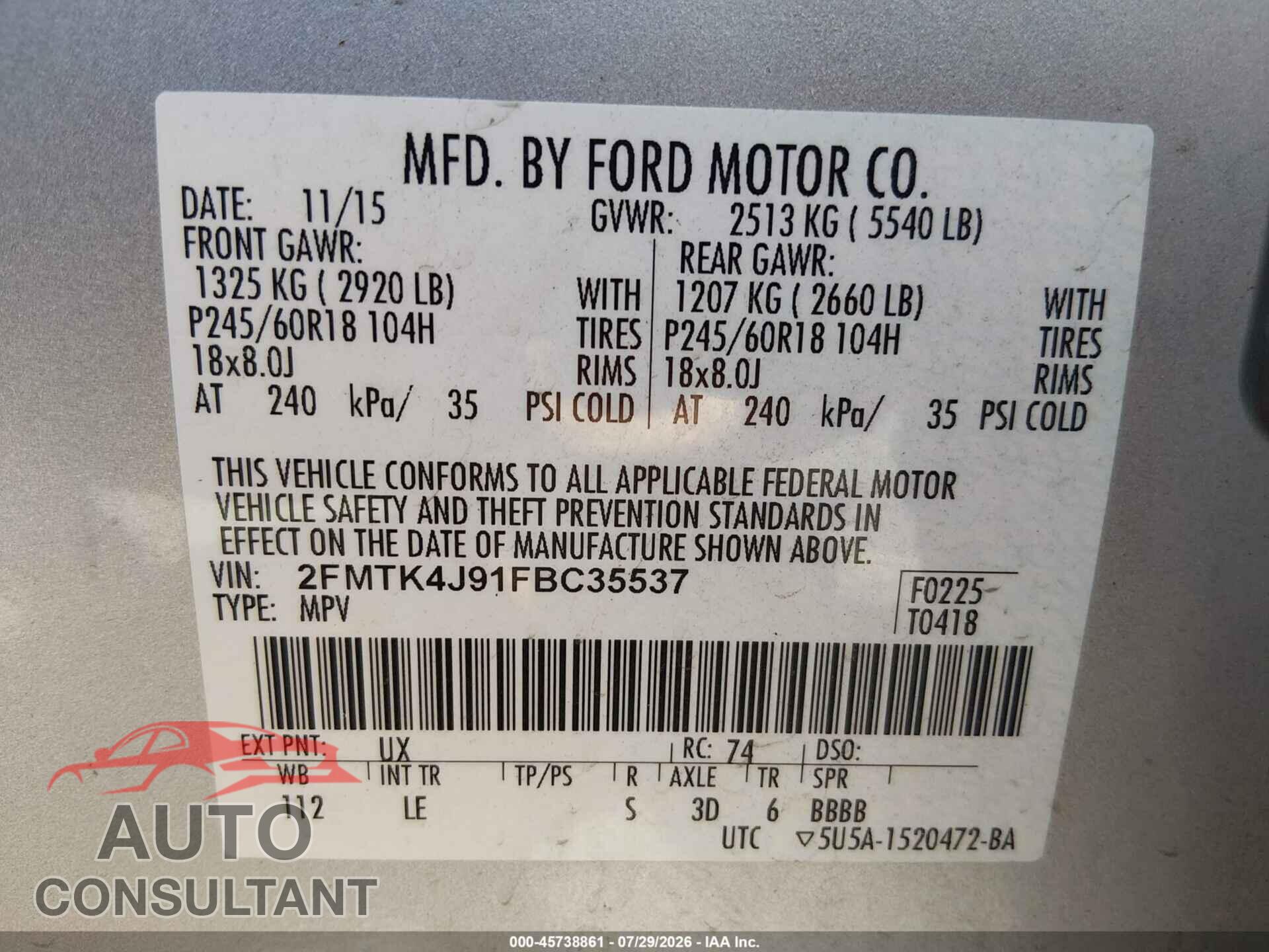 FORD EDGE 2015 - 2FMTK4J91FBC35537