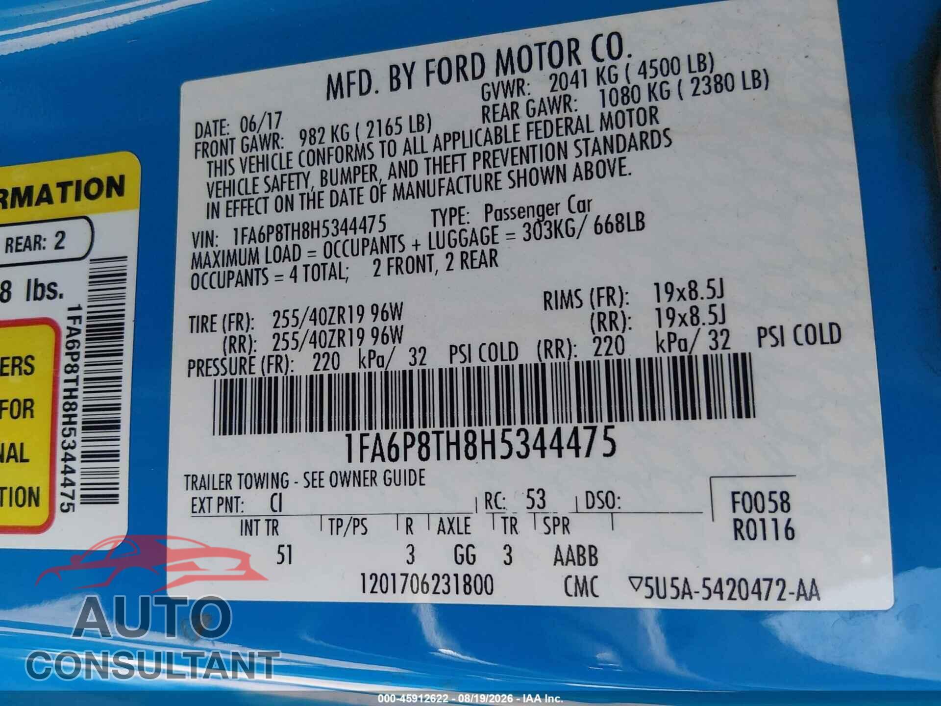 FORD MUSTANG 2017 - 1FA6P8TH8H5344475