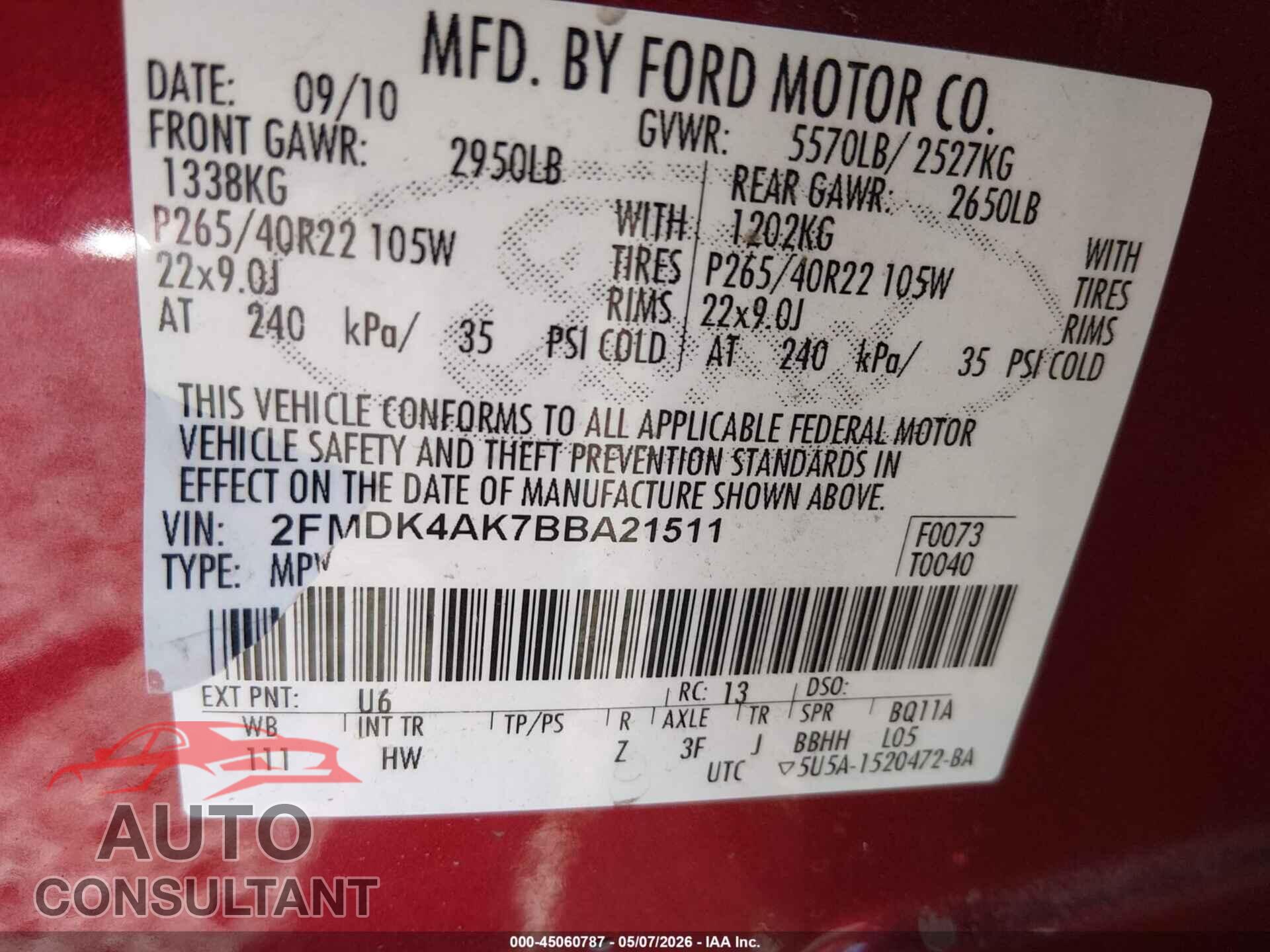 FORD EDGE 2011 - 2FMDK4AK7BBA21511