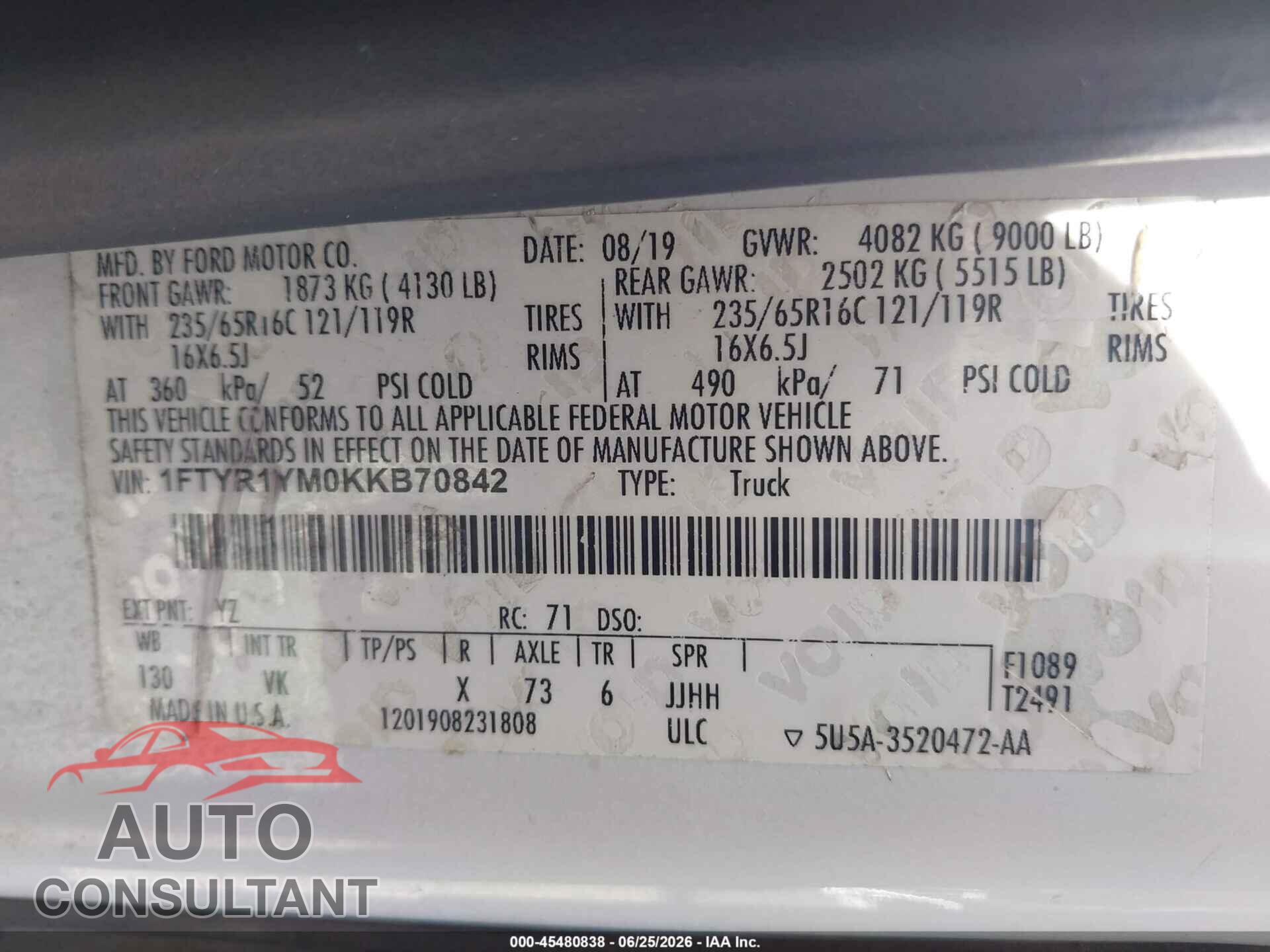FORD TRANSIT-250 2019 - 1FTYR1YM0KKB70842