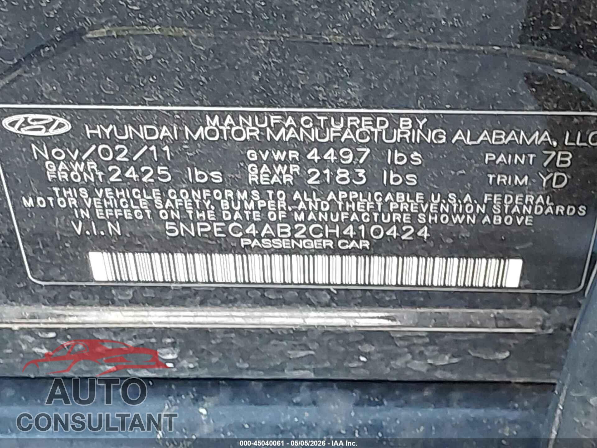 HYUNDAI SONATA 2012 - 5NPEC4AB2CH410424