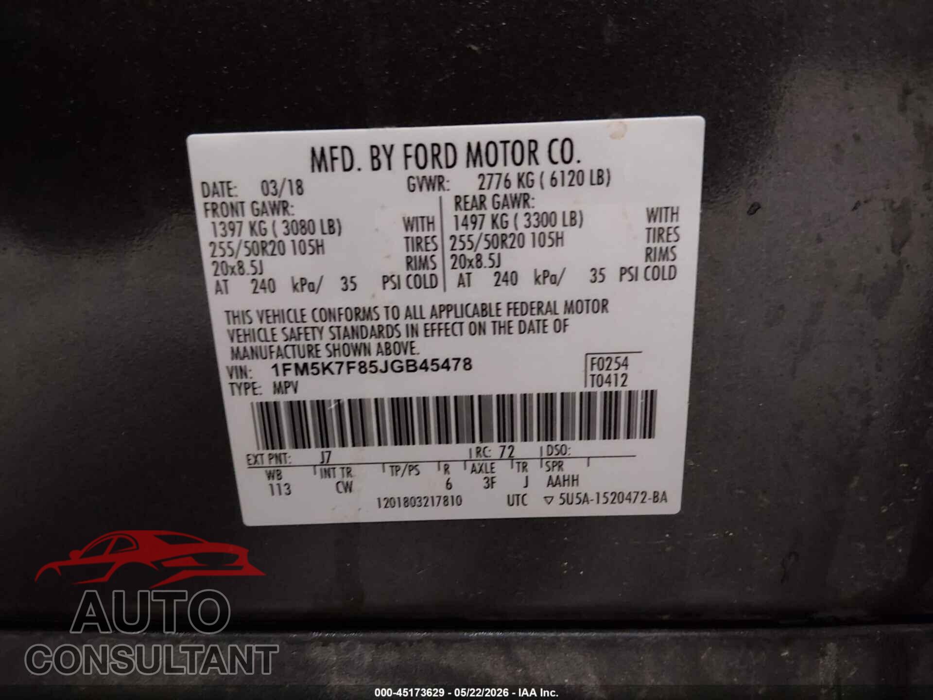FORD EXPLORER 2018 - 1FM5K7F85JGB45478