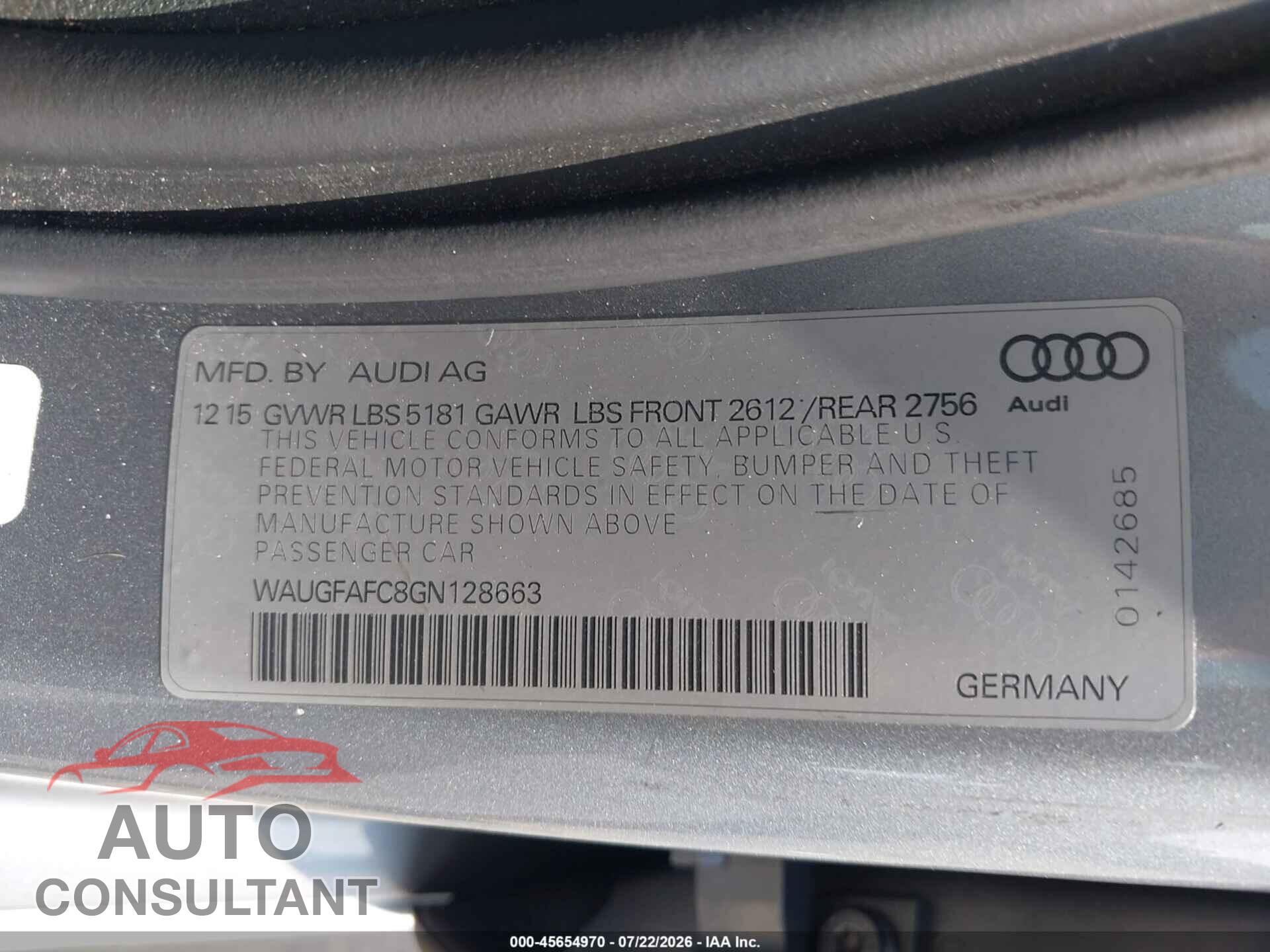 AUDI A6 2016 - WAUGFAFC8GN128663
