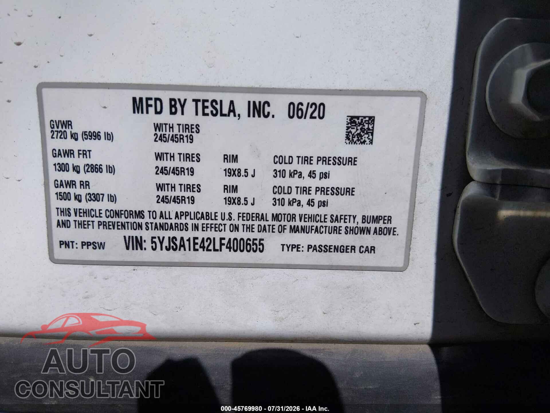 TESLA MODEL S 2020 - 5YJSA1E42LF400655