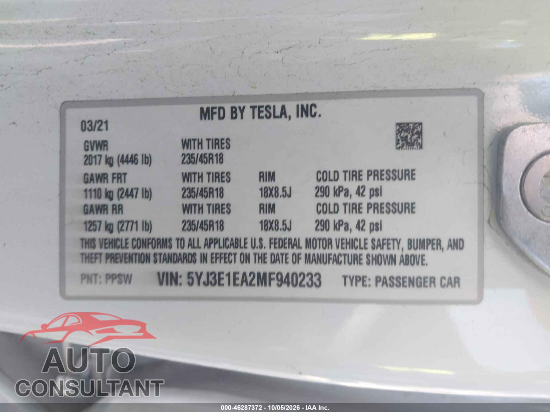 TESLA MODEL 3 2021 - 5YJ3E1EA2MF940233
