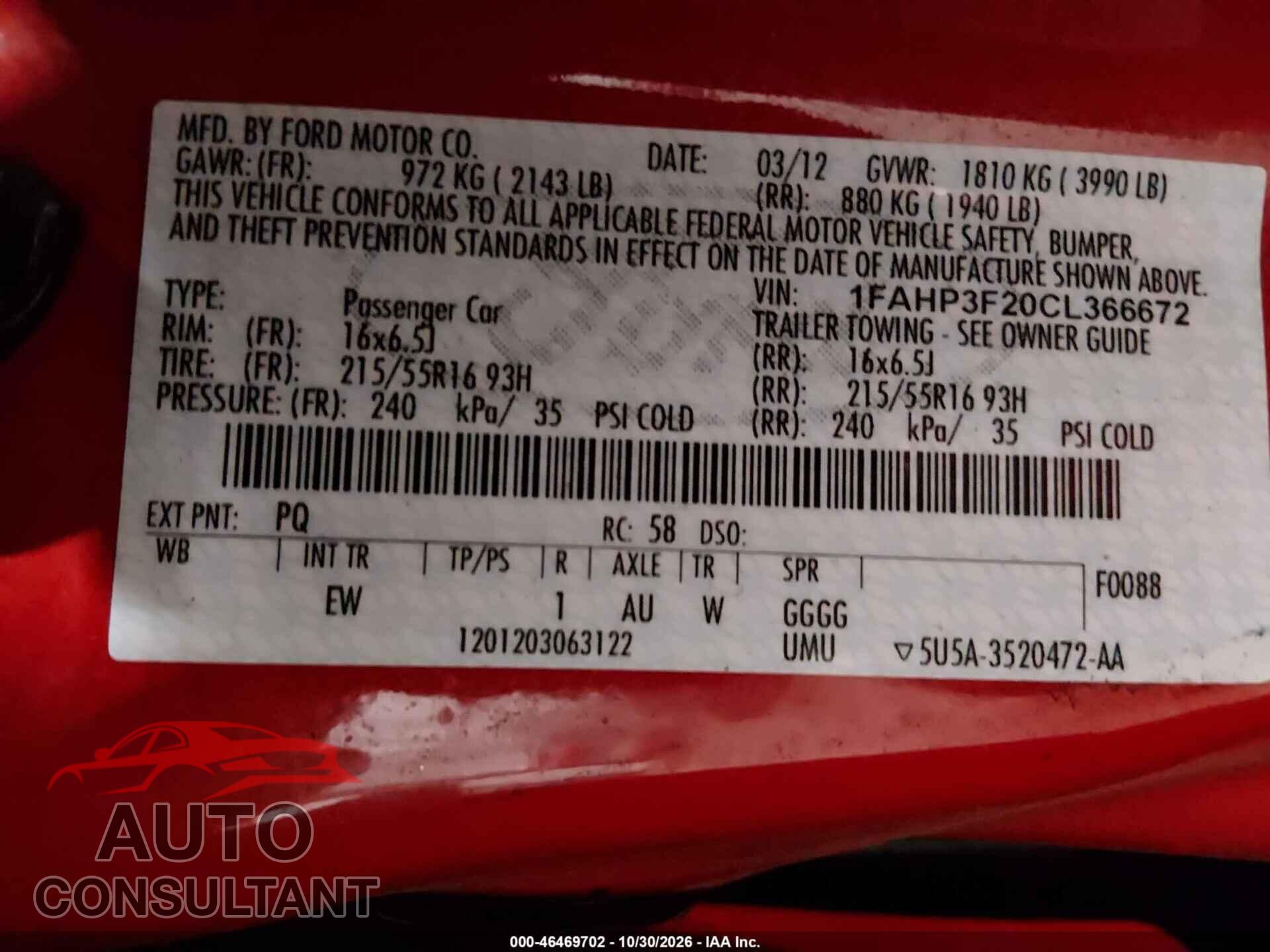 FORD FOCUS 2012 - 1FAHP3F20CL366672