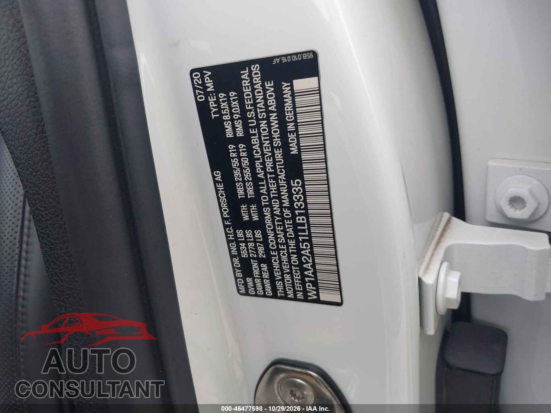 PORSCHE MACAN 2020 - WP1AA2A51LLB13335