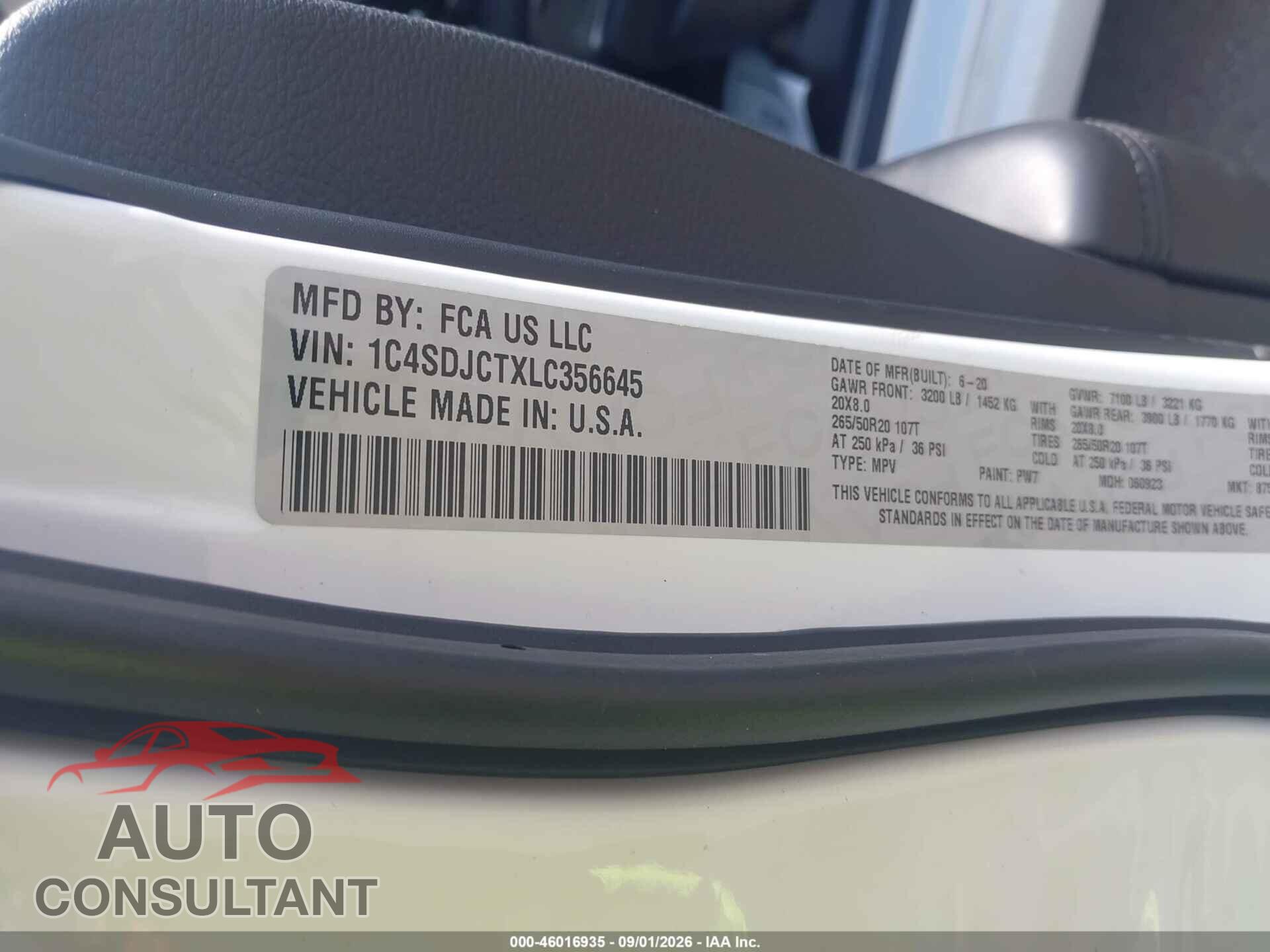 DODGE DURANGO 2020 - 1C4SDJCTXLC356645
