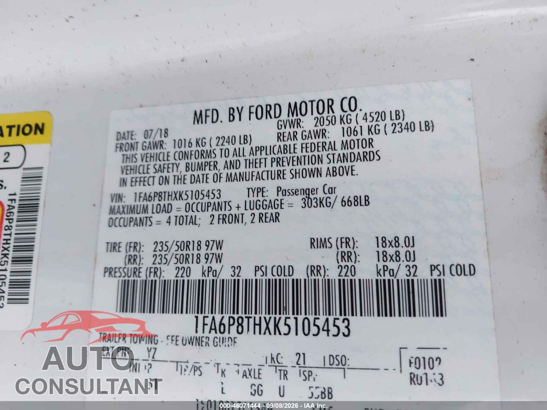 FORD MUSTANG 2019 - 1FA6P8THXK5105453