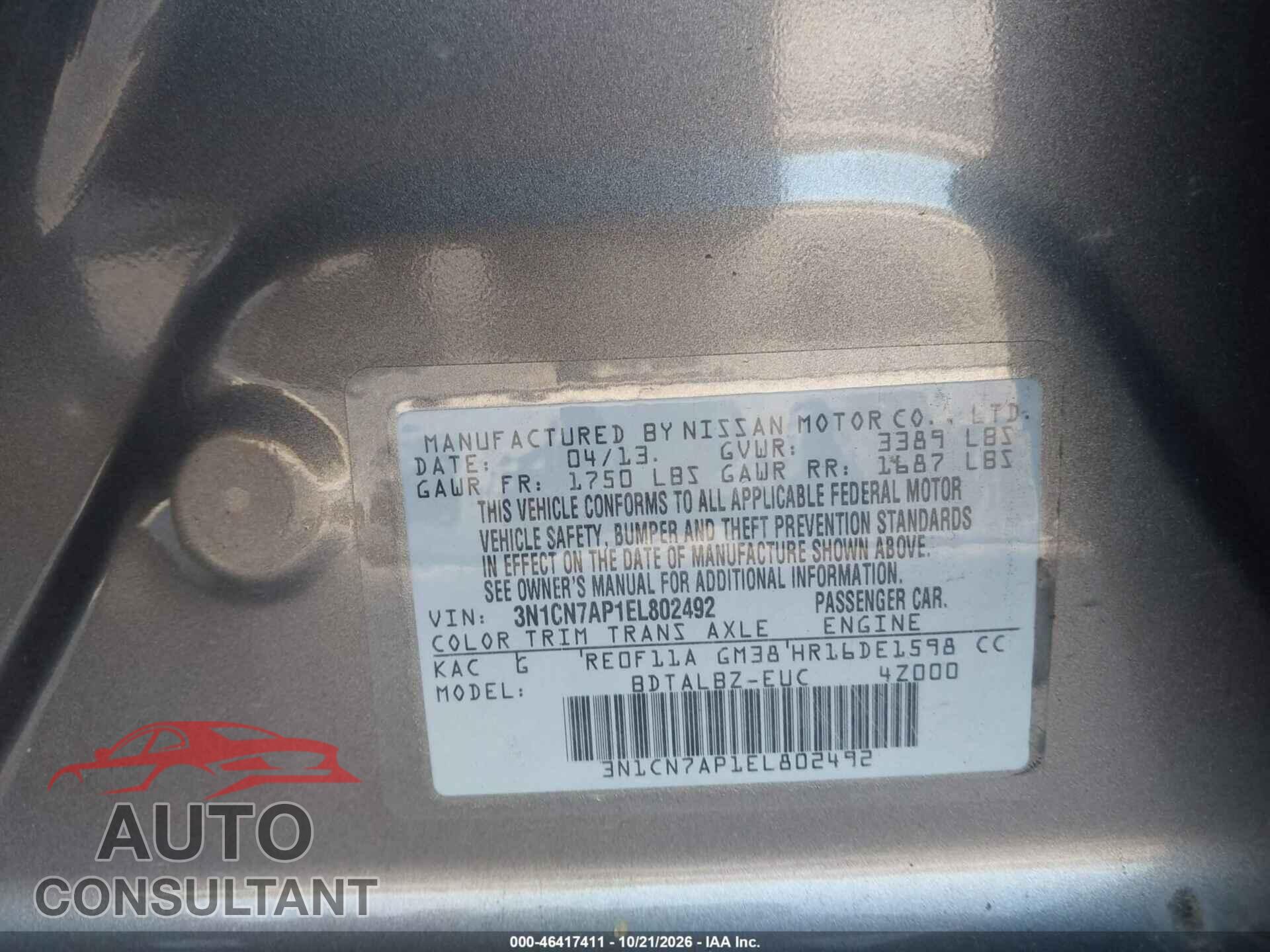 NISSAN VERSA 2014 - 3N1CN7AP1EL802492