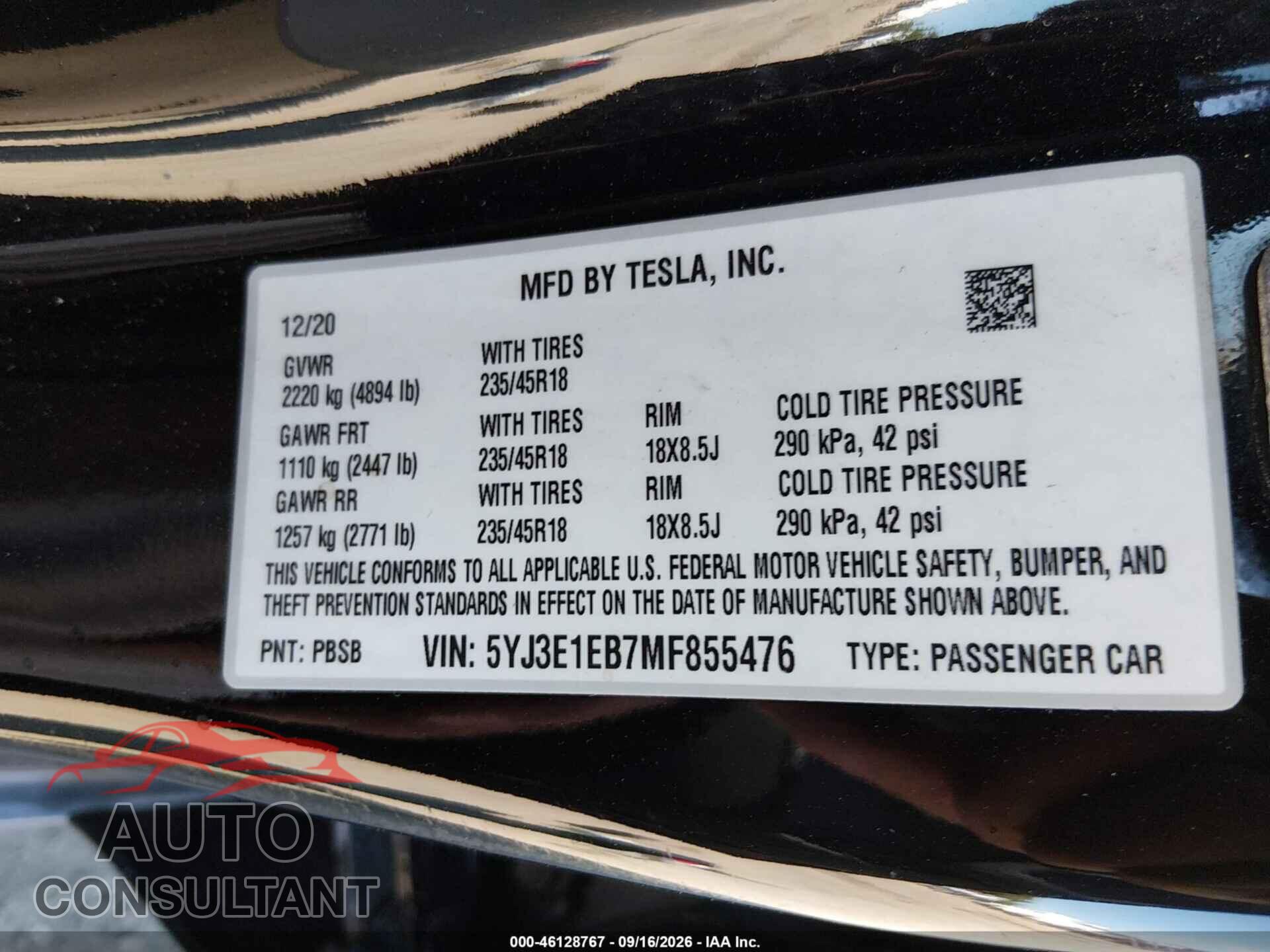 TESLA MODEL 3 2021 - 5YJ3E1EB7MF855476