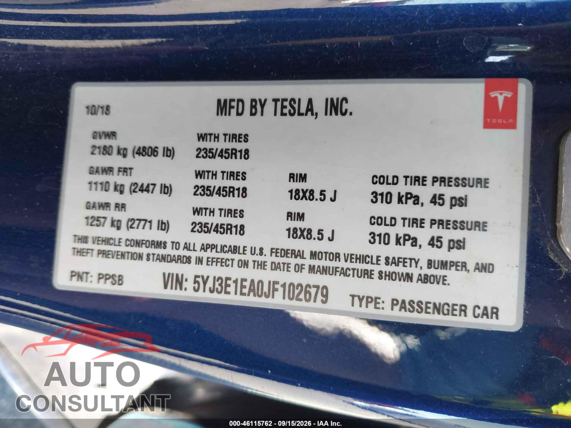 TESLA MODEL 3 2018 - 5YJ3E1EA0JF102679