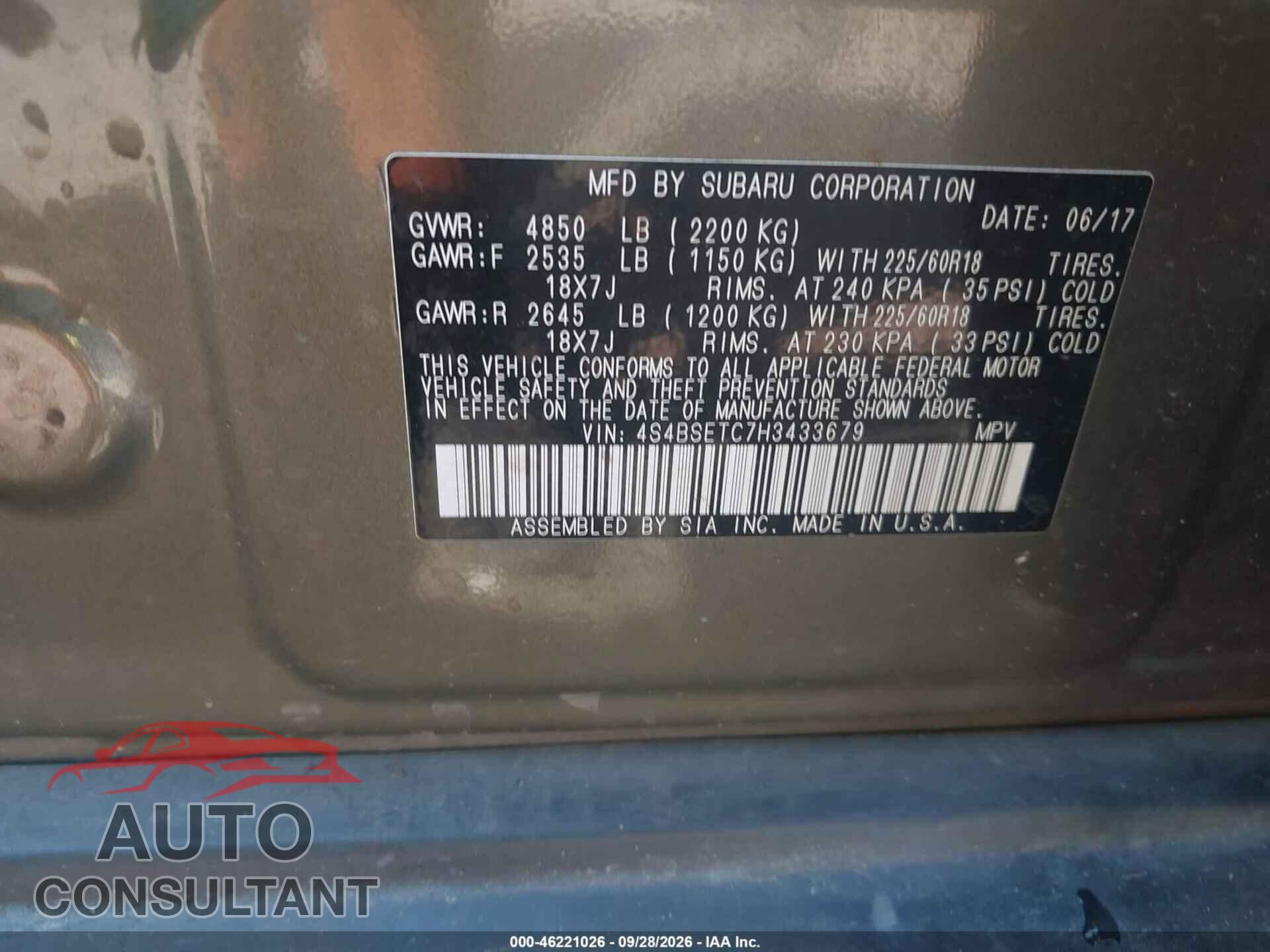 SUBARU OUTBACK 2017 - 4S4BSETC7H3433679