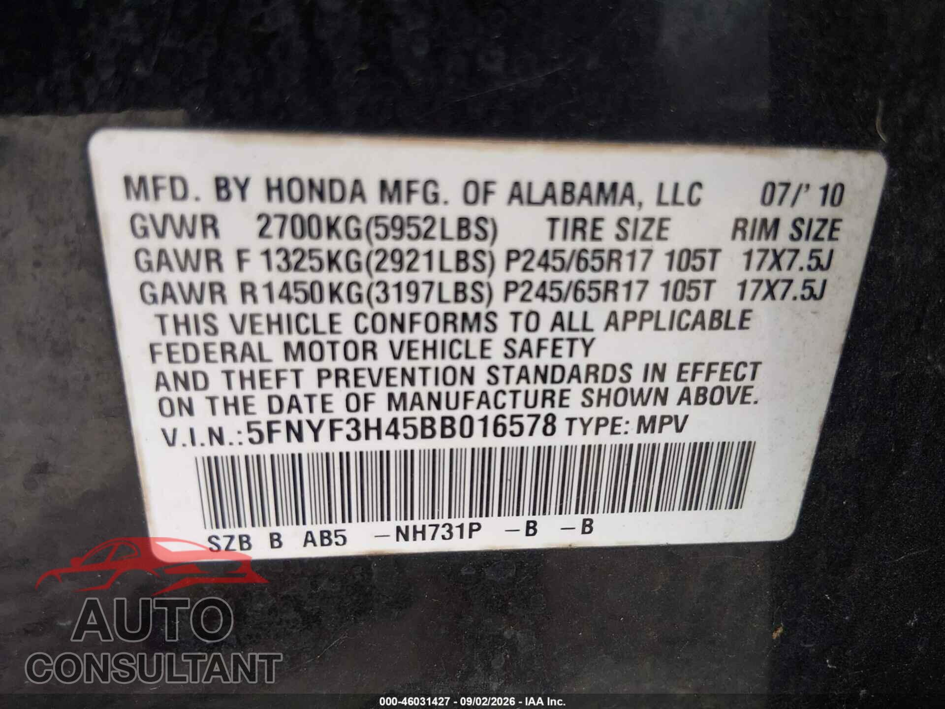 HONDA PILOT 2011 - 5FNYF3H45BB016578