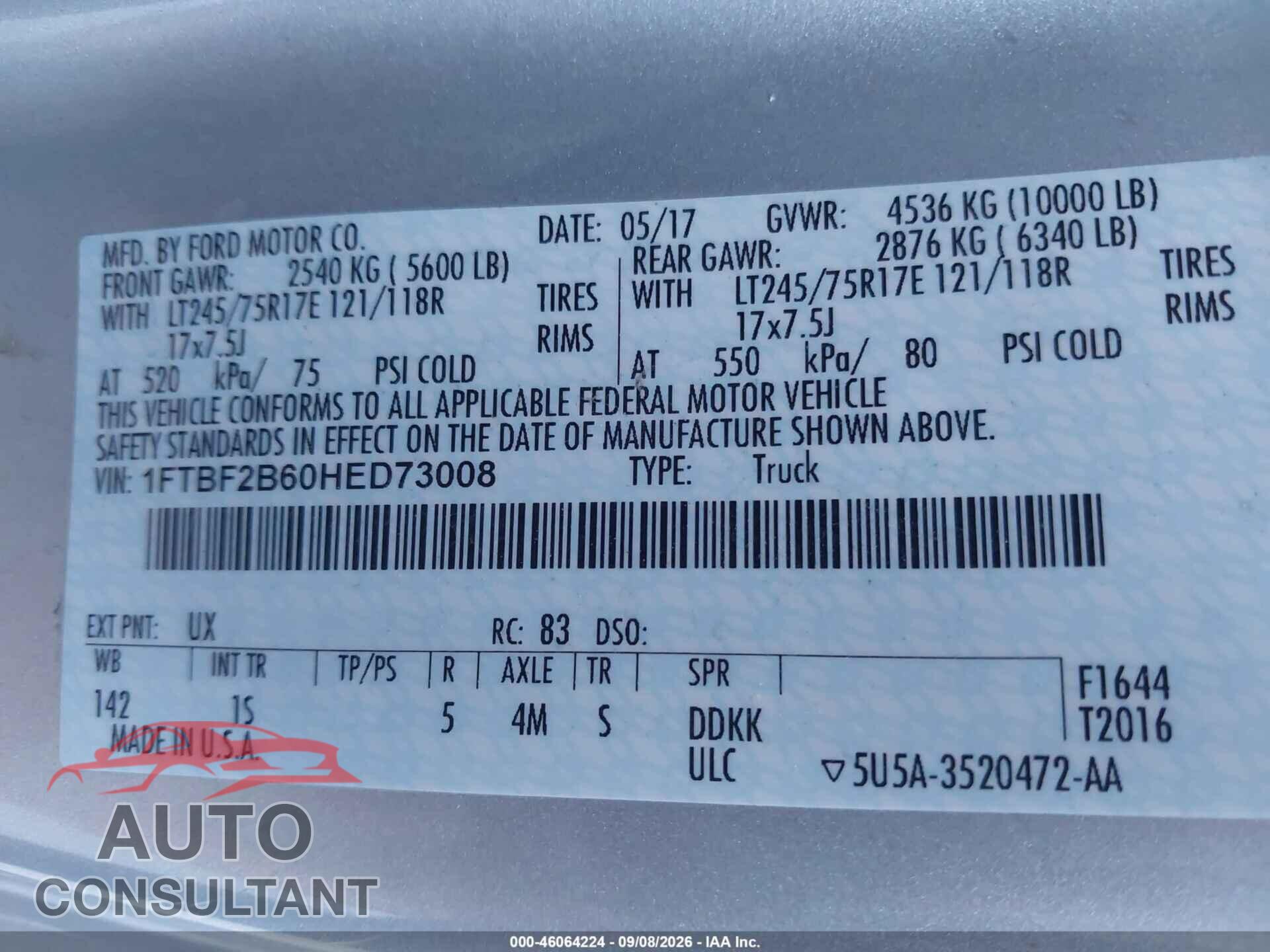 FORD F-250 2017 - 1FTBF2B60HED73008