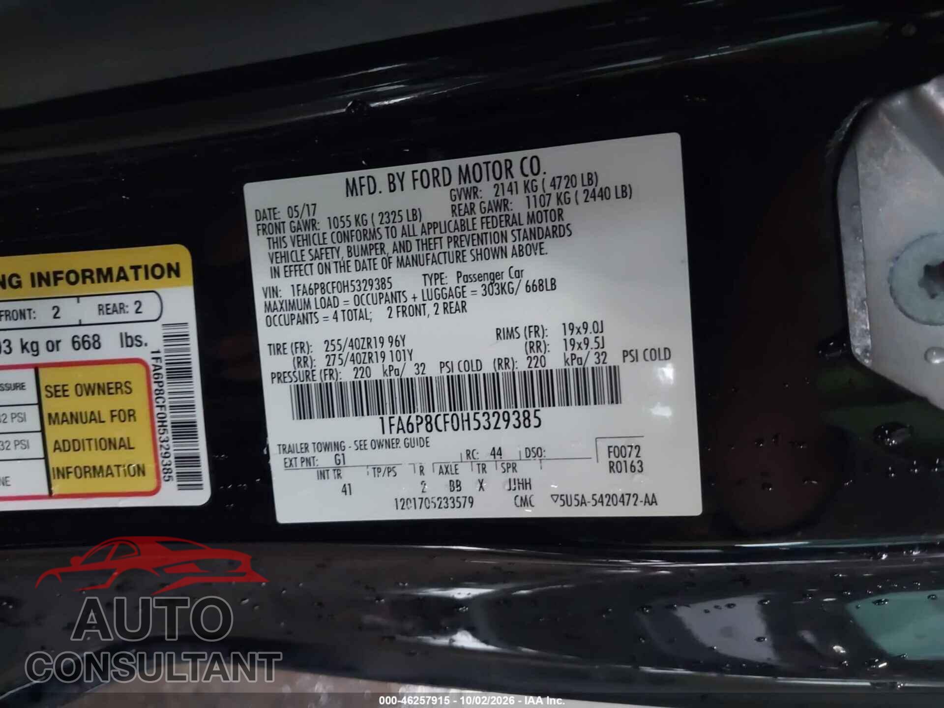 FORD MUSTANG 2017 - 1FA6P8CF0H5329385