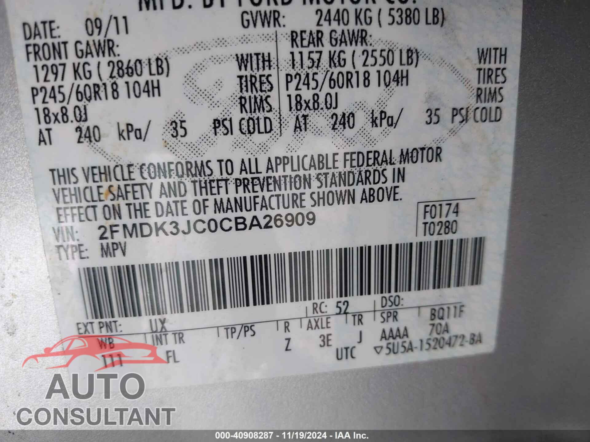 FORD EDGE 2012 - 2FMDK3JC0CBA26909