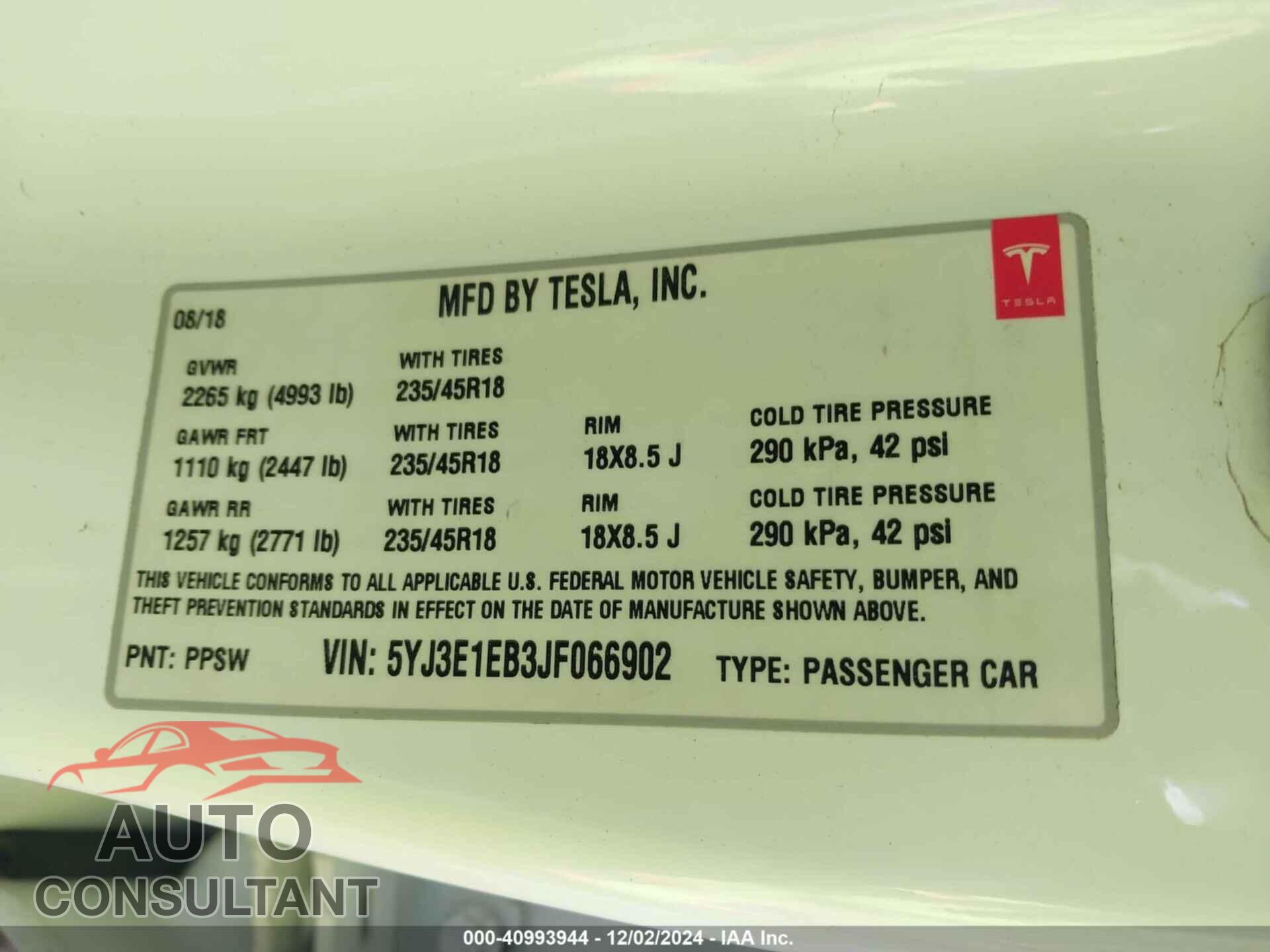 TESLA MODEL 3 2018 - 5YJ3E1EB3JF066902