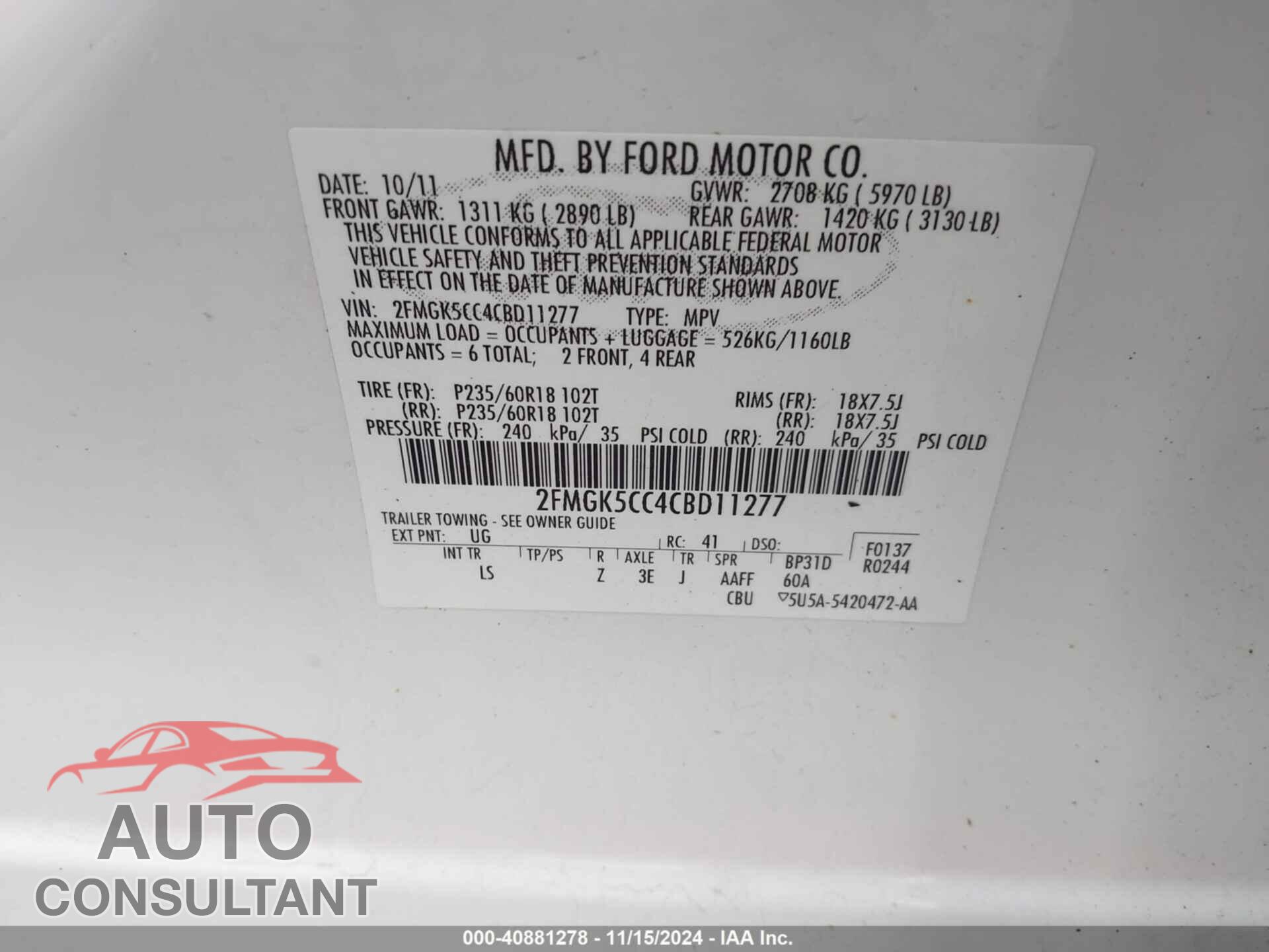 FORD FLEX 2012 - 2FMGK5CC4CBD11277