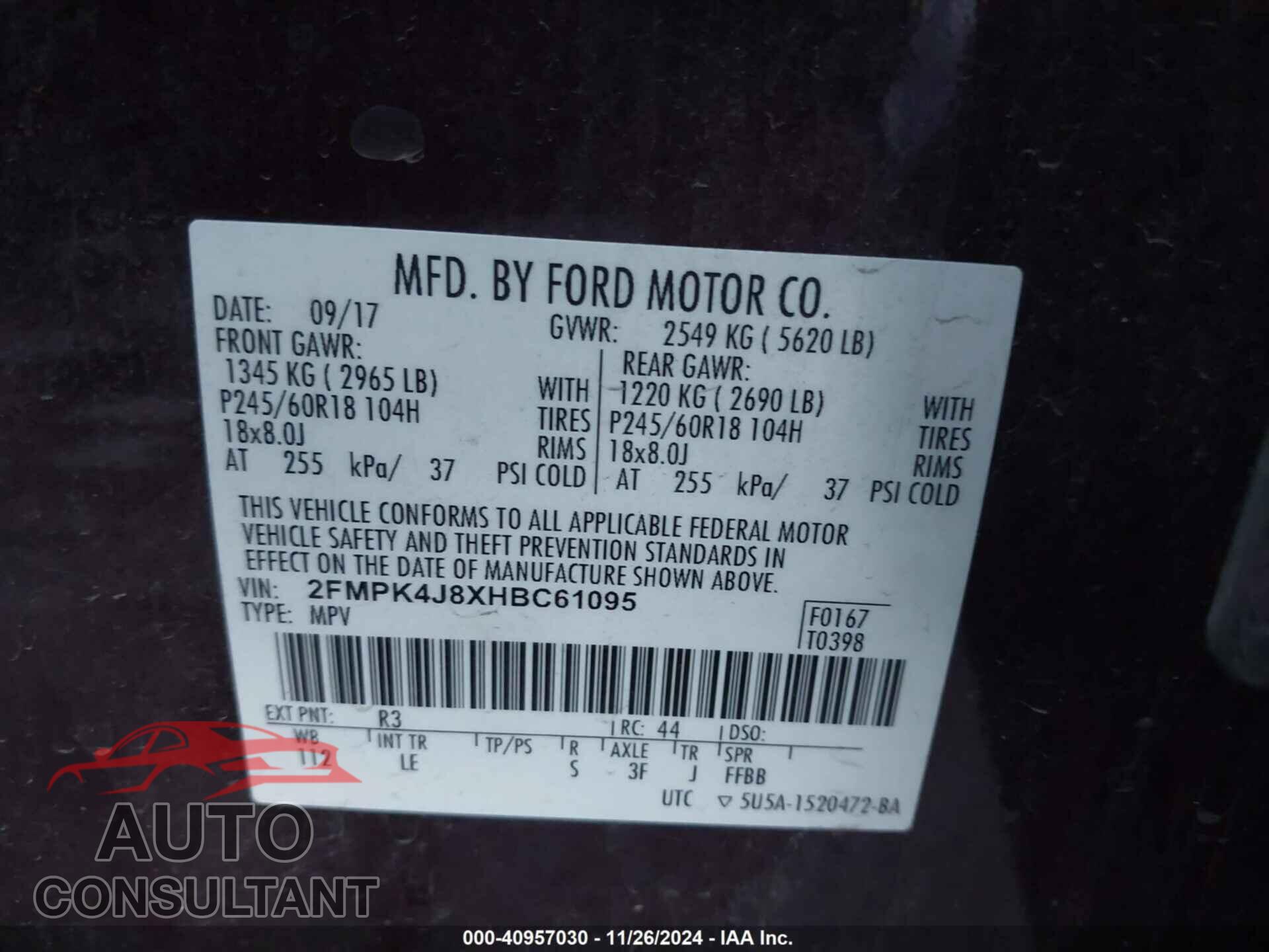 FORD EDGE 2017 - 2FMPK4J8XHBC61095