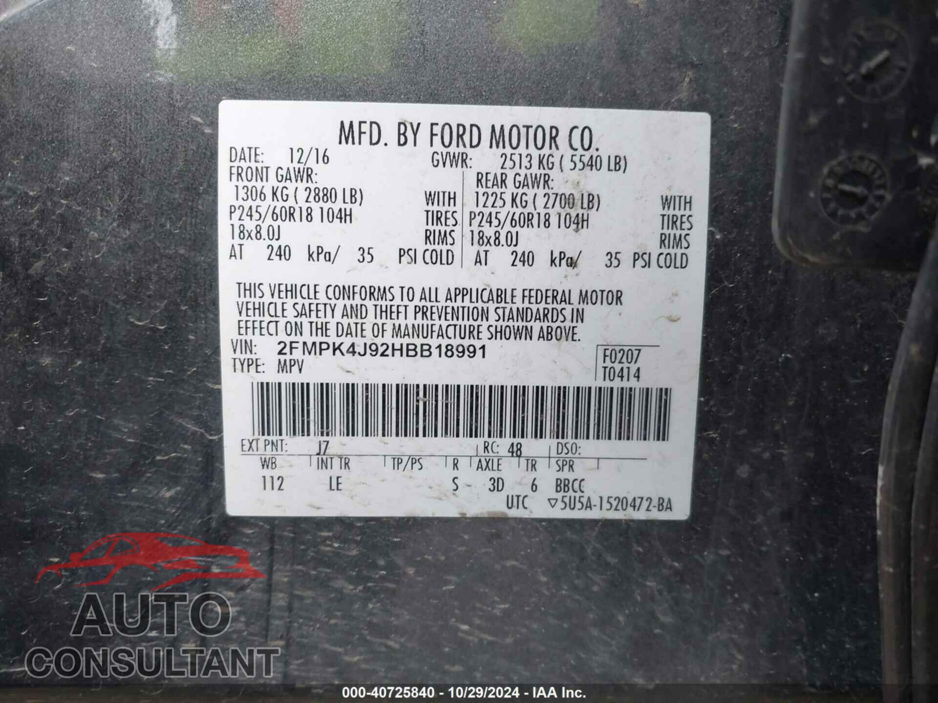 FORD EDGE 2017 - 2FMPK4J92HBB18991