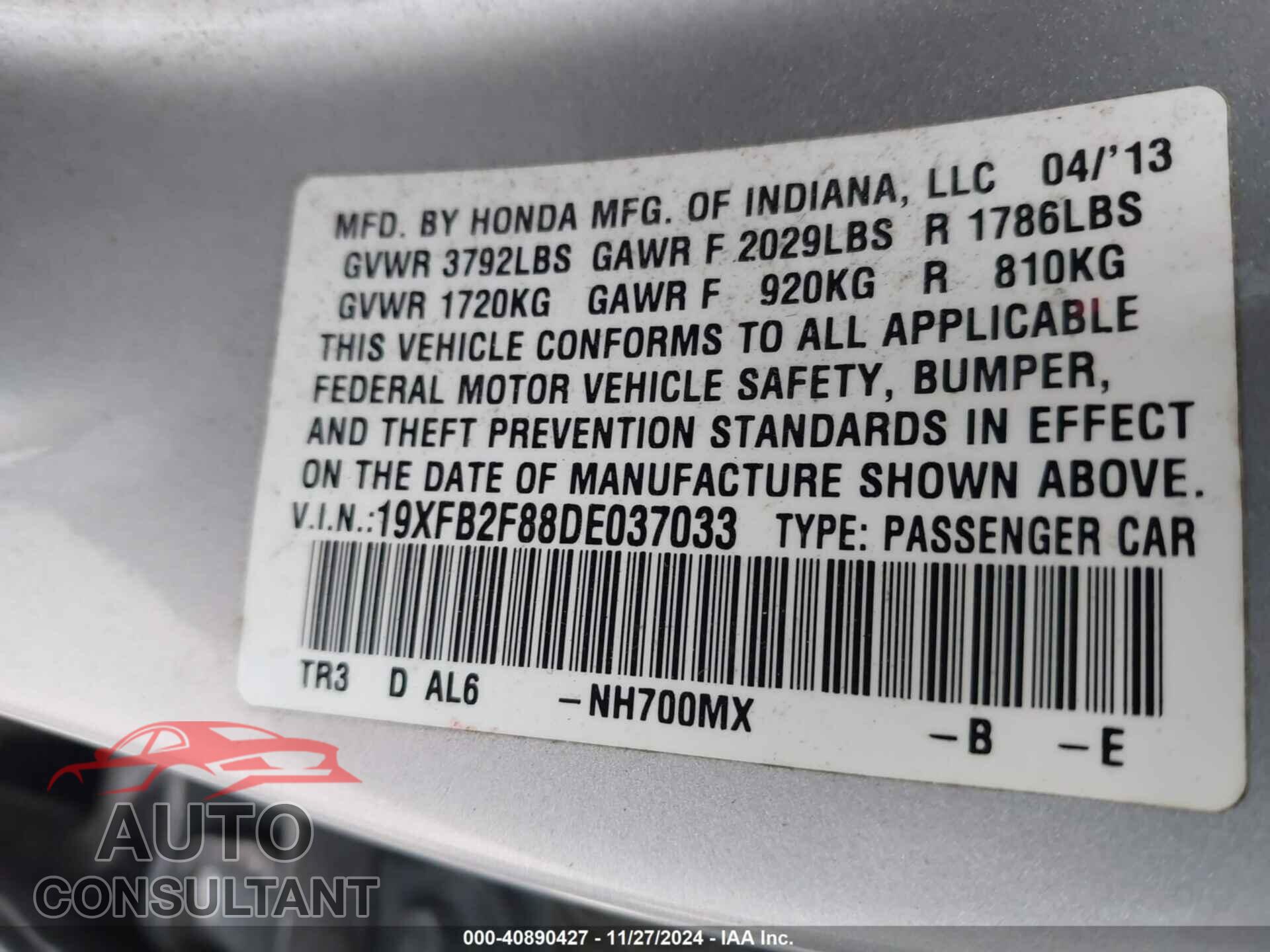 HONDA CIVIC 2013 - 19XFB2F88DE037033