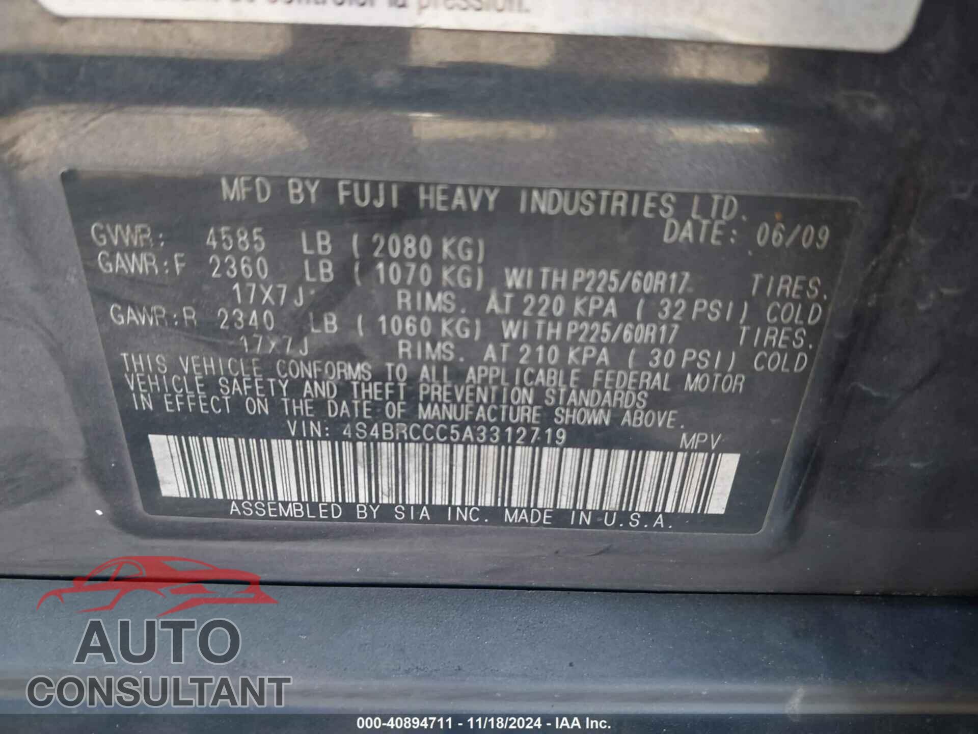 SUBARU OUTBACK 2010 - 4S4BRCCC5A3312719