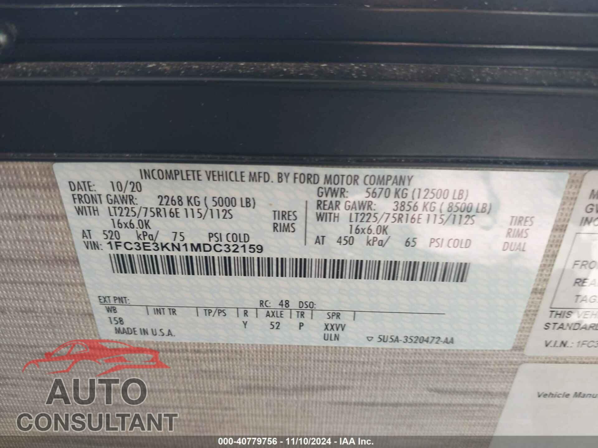 FORD E-350 STRIPPED 2021 - 1FC3E3KN1MDC32159